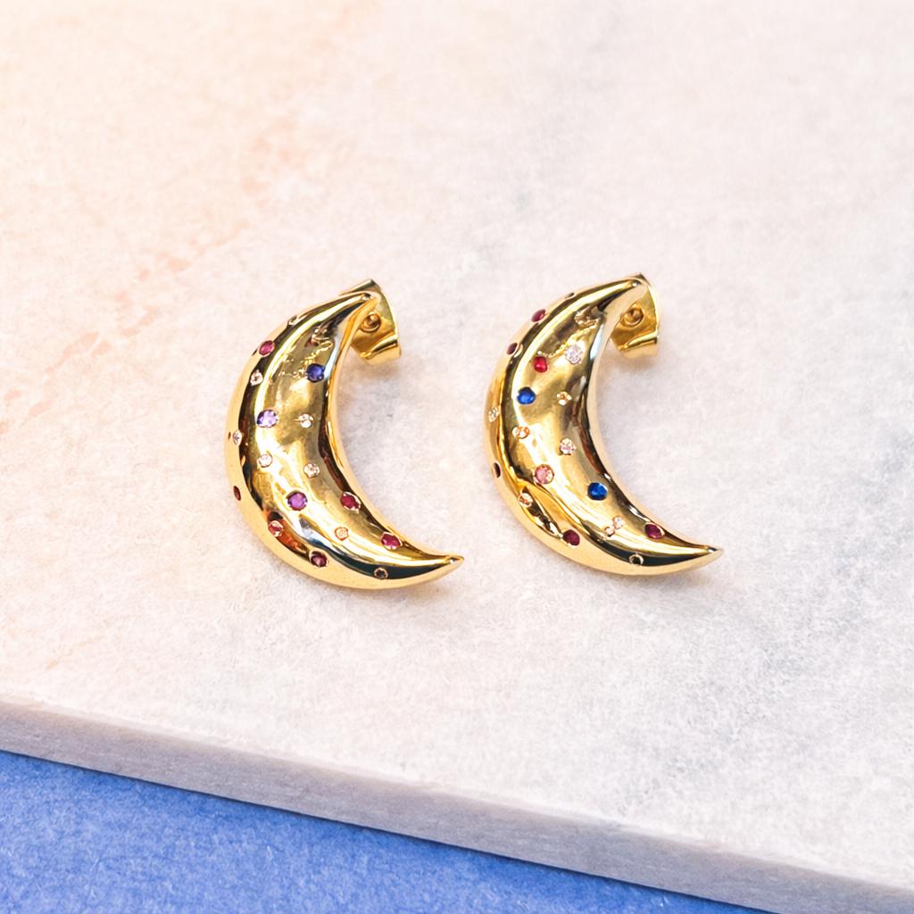 Chunky Gold CZ Moon Stud Earrings | Celestial Crescent Dainty Jewelry | Sparkling Zodiac Gift