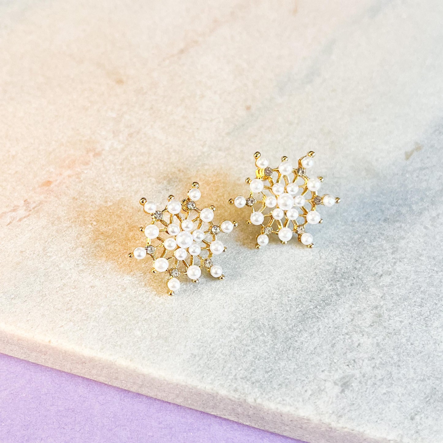Pearl Snowflake Stud Earrings | Dainty Crystal Starburst Gold Studs | Winter Wedding Jewelry Gif