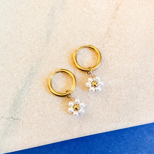 Beaded Flower Daisy Charm Hoop Earrings | Stainless Steel Huggie Hoops | Gift for Her