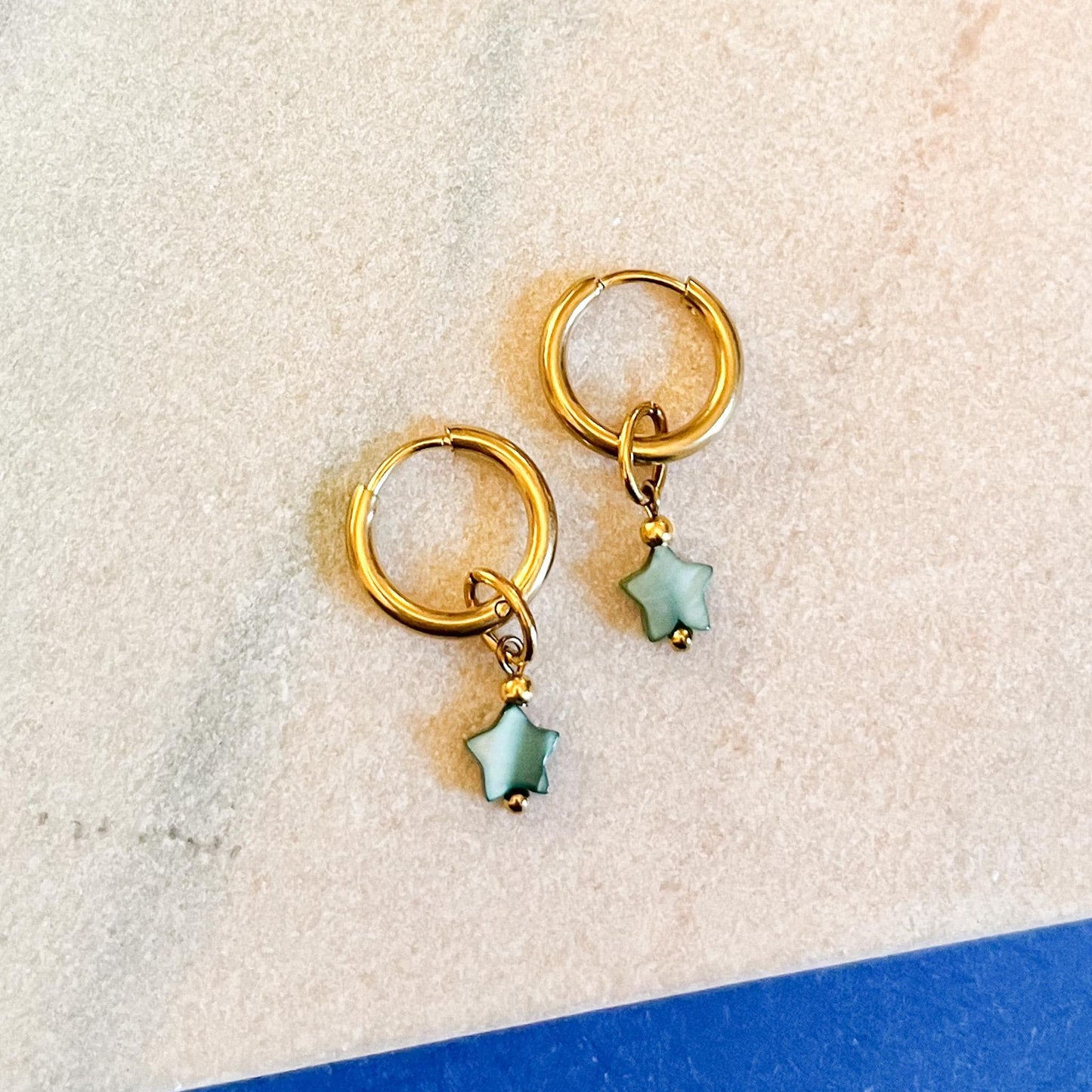 Celestial Green Star Charm Huggie Hoops | Dainty Gold Stainless Steel Earrings | Gift