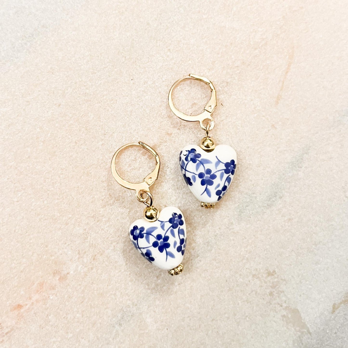 Blue and White Floral Heart Drop Earrings, Porcelain Delft Style Jewelry, Gold Huggie Hoops