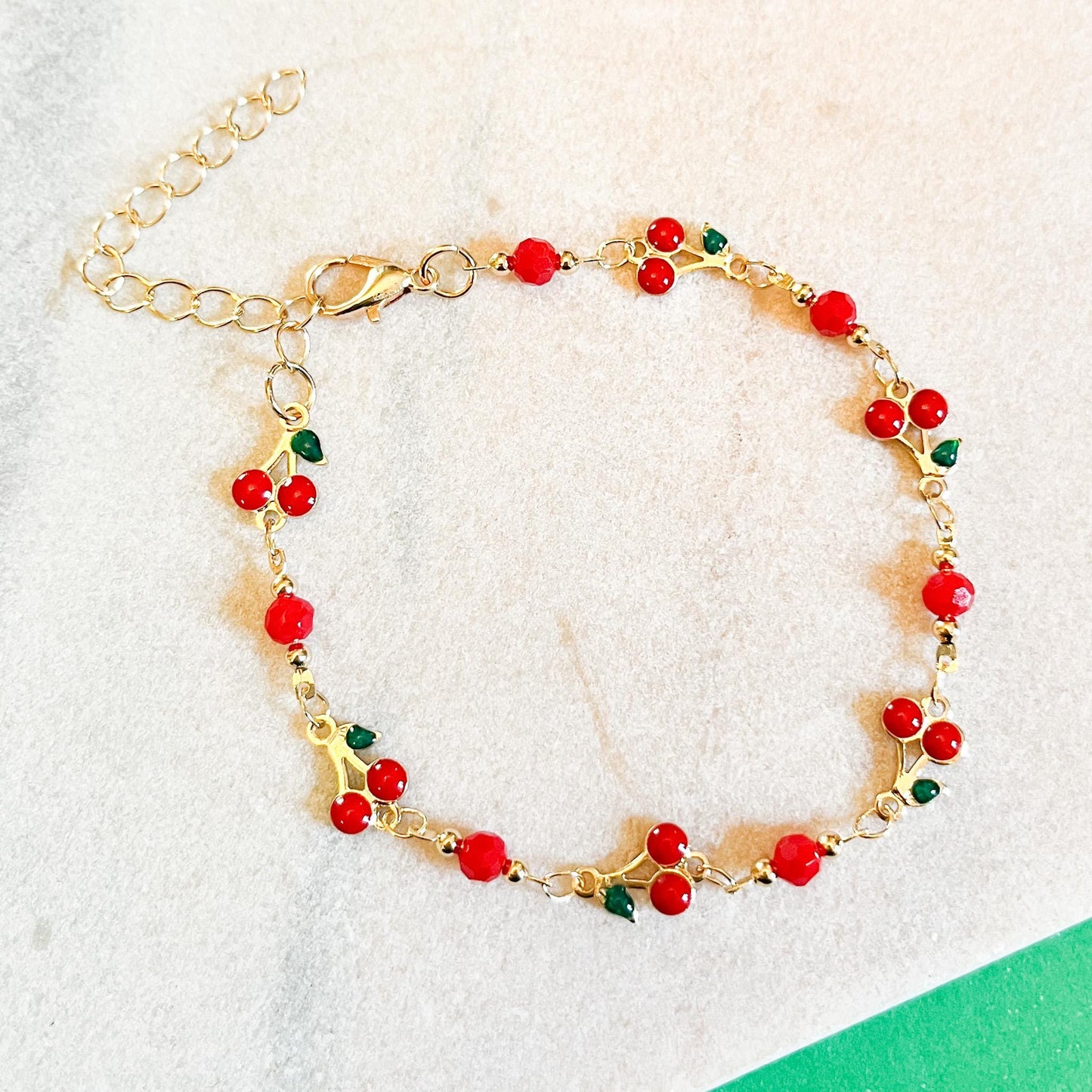 Cherry Cluster Charm Bracelet Red Dainty Fruit Jewelry, Gold Chain Minimalist Summer Accessory