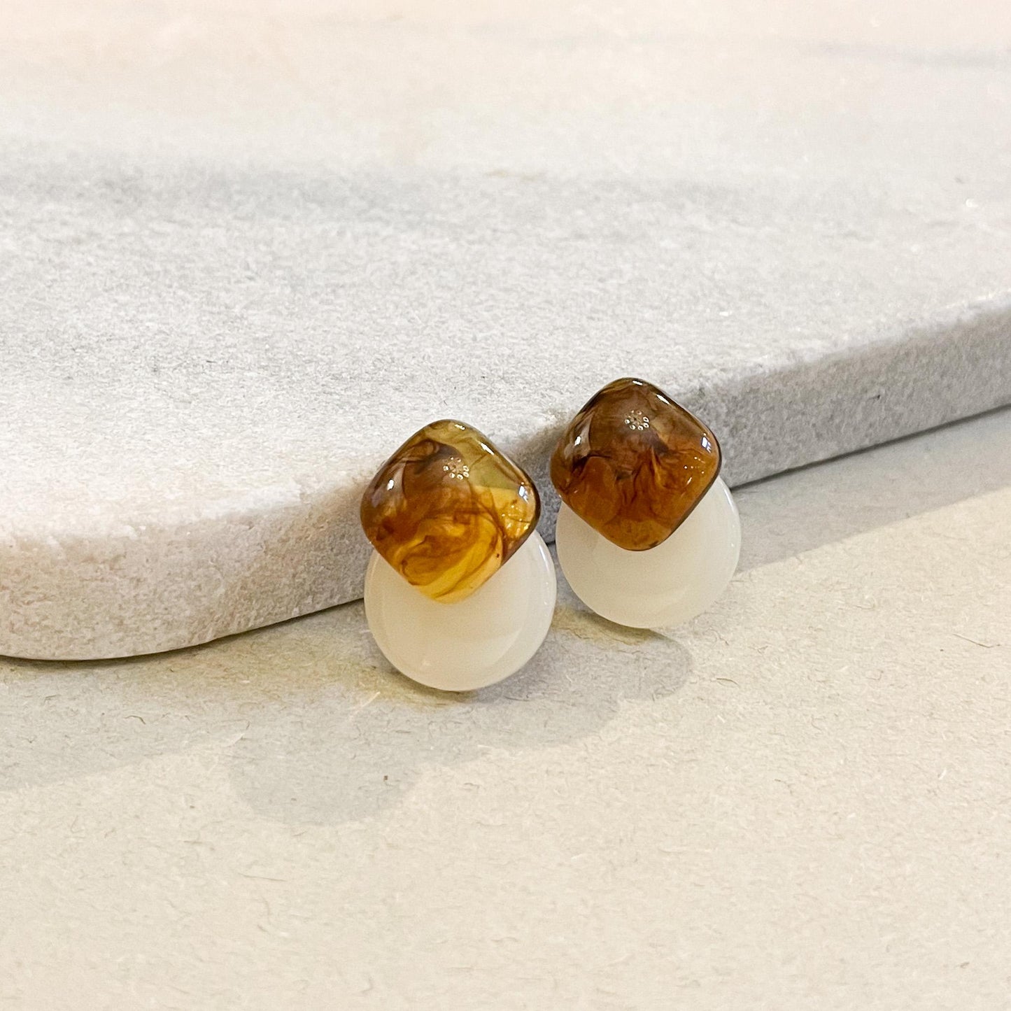 Chunky Geometric Post Earrings - Marbled Resin Two-Tone Studs - Earthy Green and Classic Tortoise Statement Studs