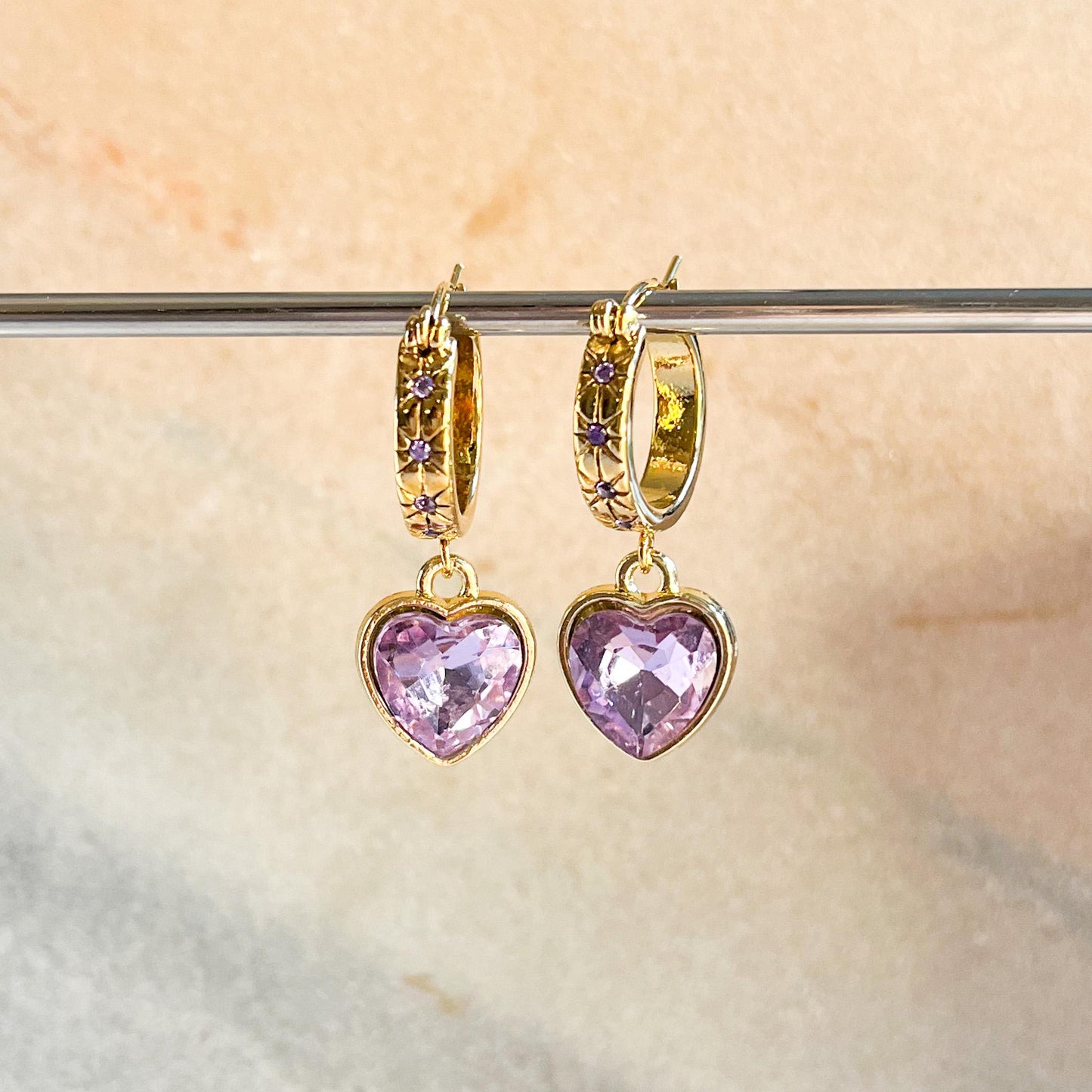 Gold Heart Drop Earrings – Peach or Lavender Crystal Huggies – Romantic Statement Jewellery – Gift for Her – Valentine Earrings