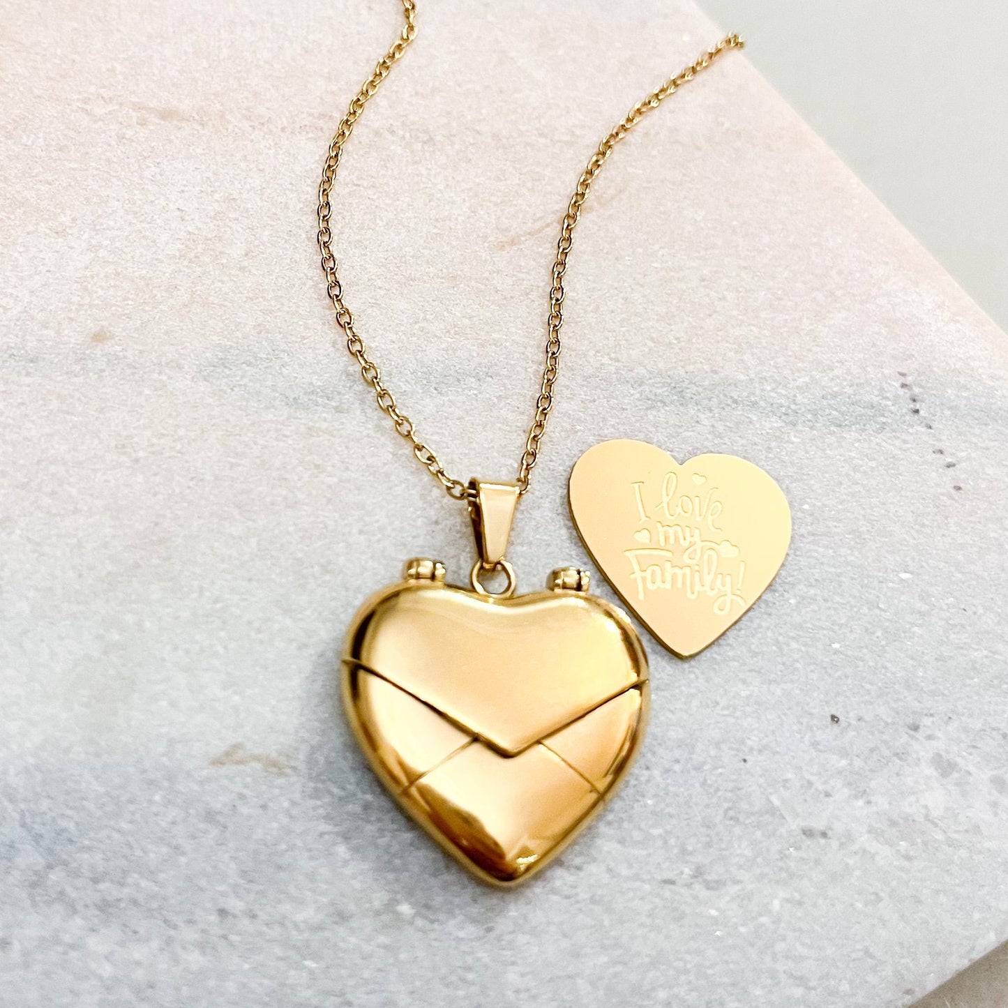 Gold Heart Envelope Locket Necklace – Secret Message Pull-Out Heart – "I Love My Family" & "I Love You" Engraved – Romantic Sentimental Gift