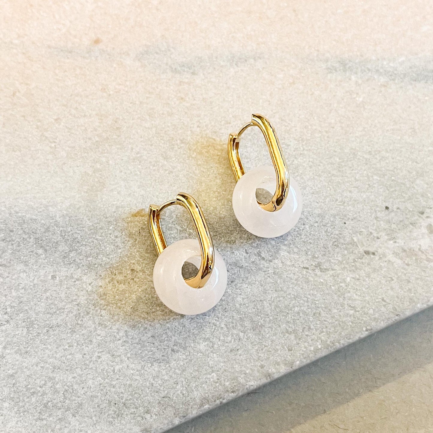 Gemstone Donut Huggie Hoop Earrings • Gold Interchangeable Stone Charms • Rose Quartz & Yellow Agate Hoops • Minimalist Jewelry Gift for Her