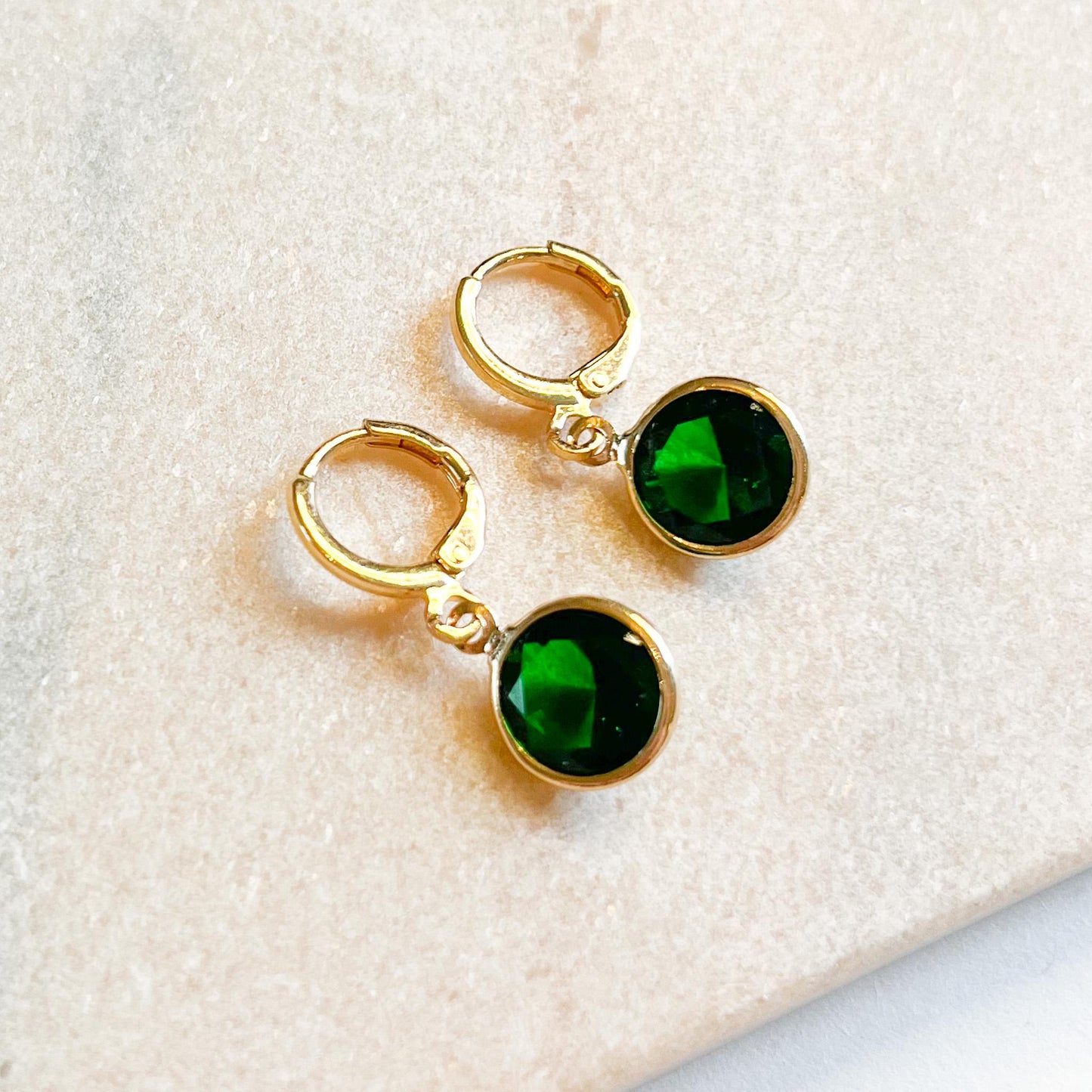 Art Deco Emerald Green Crystal Drop Earrings – Gold Huggie Hoop Earrings – Dark Green Gem Drops – Minimal Statement Jewellery – Gift for Her