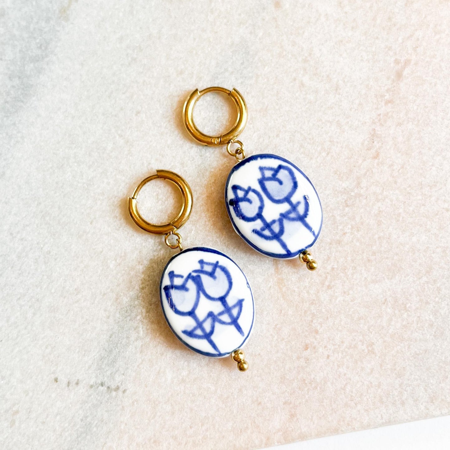 Blue Tulip Bead Hoop Earrings – Floral Ceramic Style Drop Hoops – Artistic Statement Jewellery