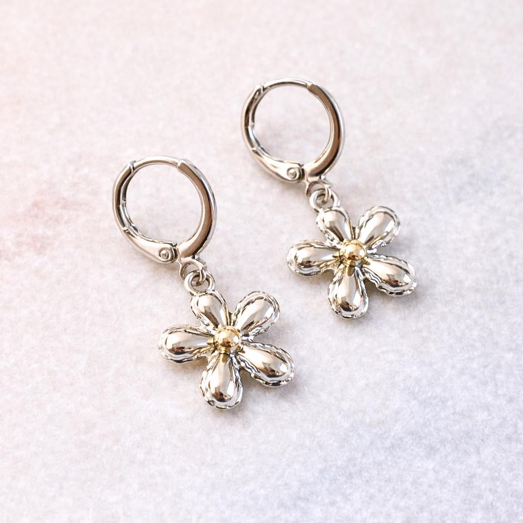 Silver Daisy Hoop Earrings, Flower Charm Huggie Earrings, Floral Drop Earrings, Cute Everyday Jewellery, Gift For Her, Spring Jewellery
