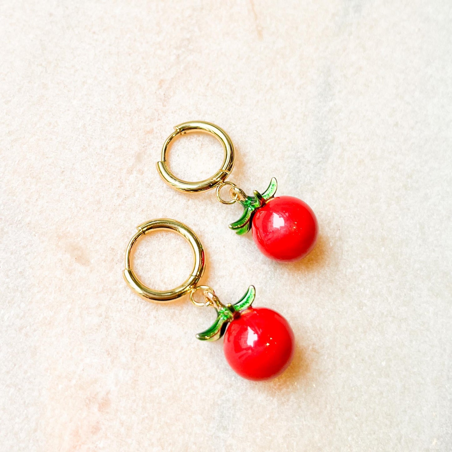 Tomato Hoop Earrings, Cute Fruit Earrings, Gold Huggie Earrings, Red Enamel Charm Earrings, Quirky Jewellery, Gift For Her