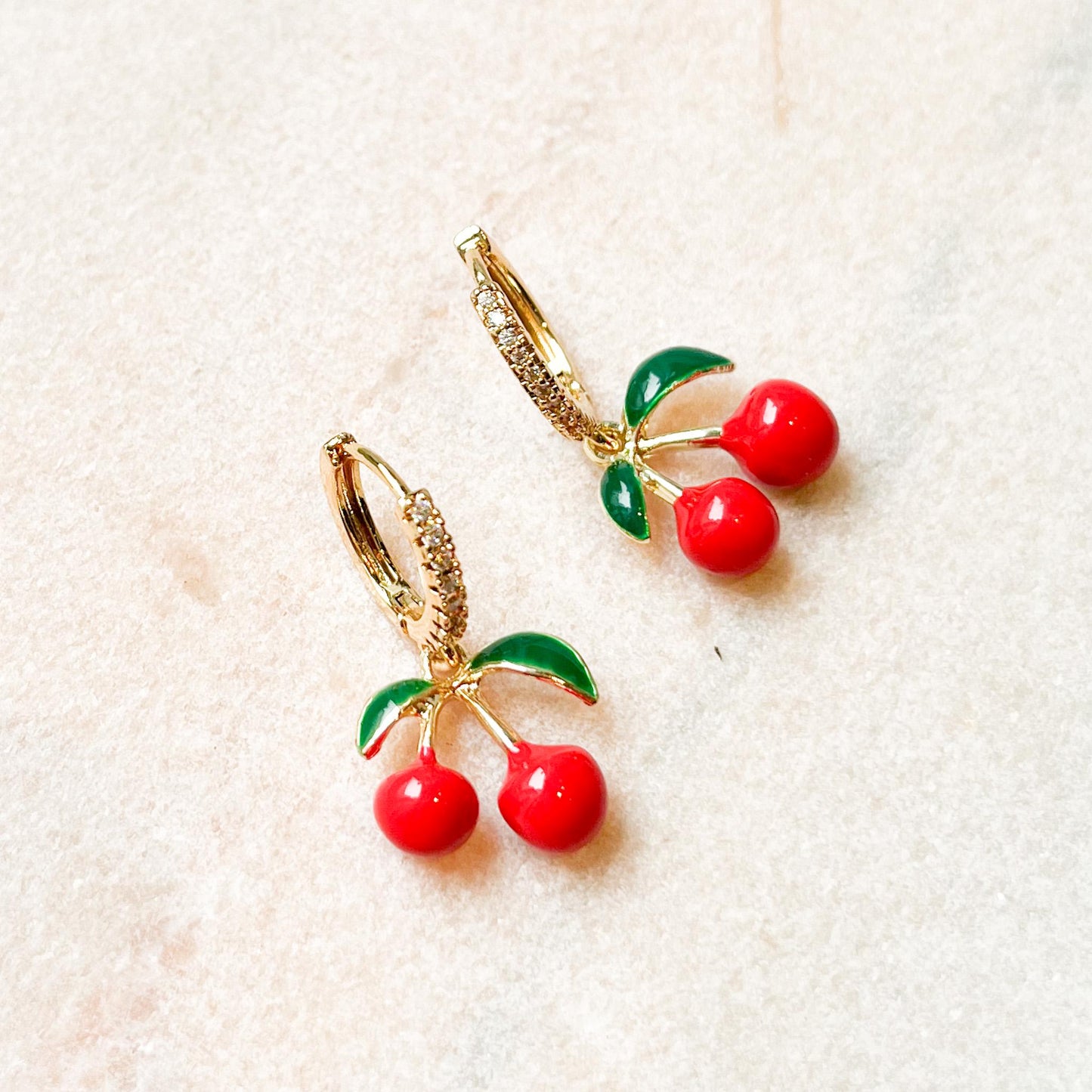 Cherry Drop Hoop Earrings, Gold Cherry Charm Earrings, Cute Fruit Jewellery, Summer Statement Earrings, Gift for Her