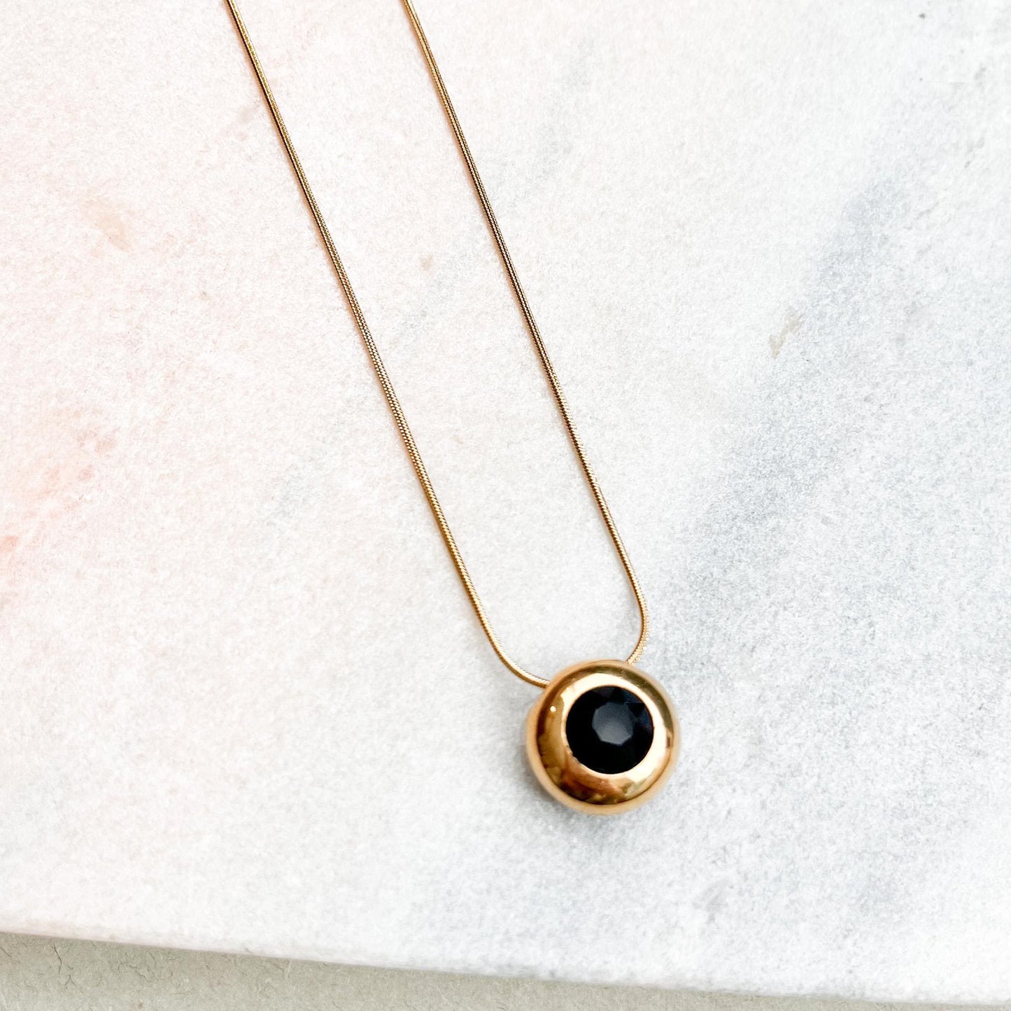 Art Deco Black and Gold Pendant - Sleek Snake Chain Necklace - Minimalist Orb Slider Necklace - Elegant Geometric Jewelry