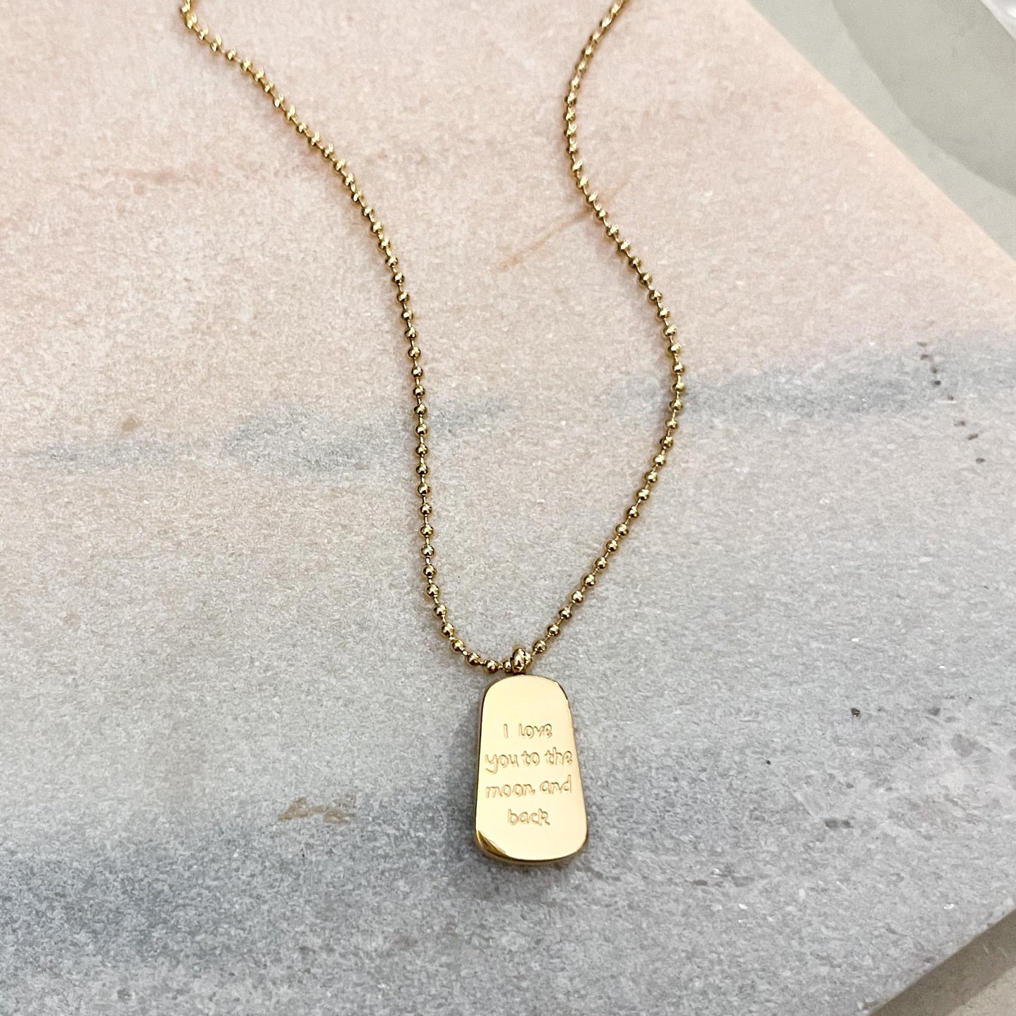Gold I Love You to the Moon and Back Necklace - Engraved Dog Tag Pendant - Dainty Ball Chain - Sentimental Jewelry Gift