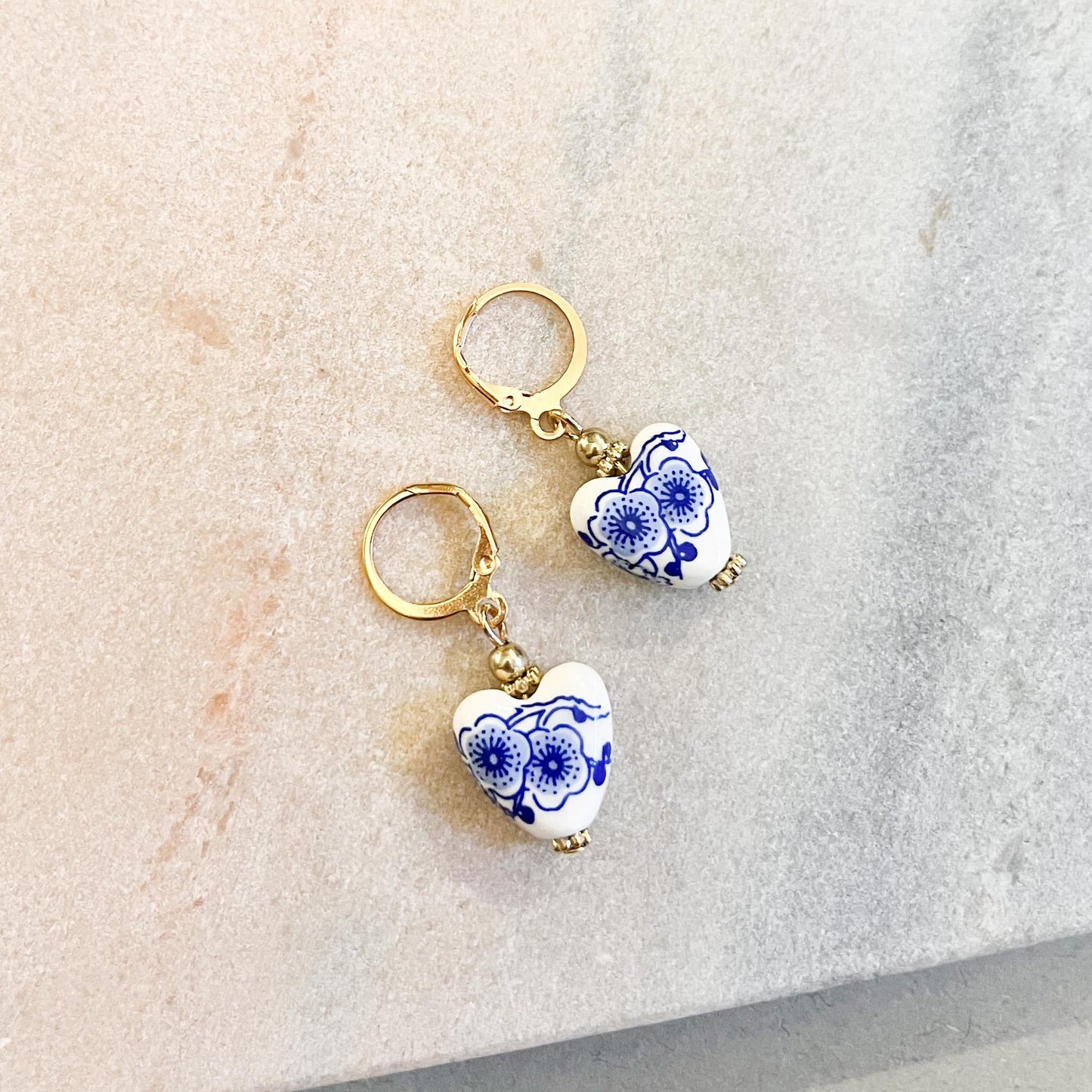Romantic Blue and White Floral Heart Drop Earrings, Porcelain Delft Style Jewelry, Gold Huggie Hoops