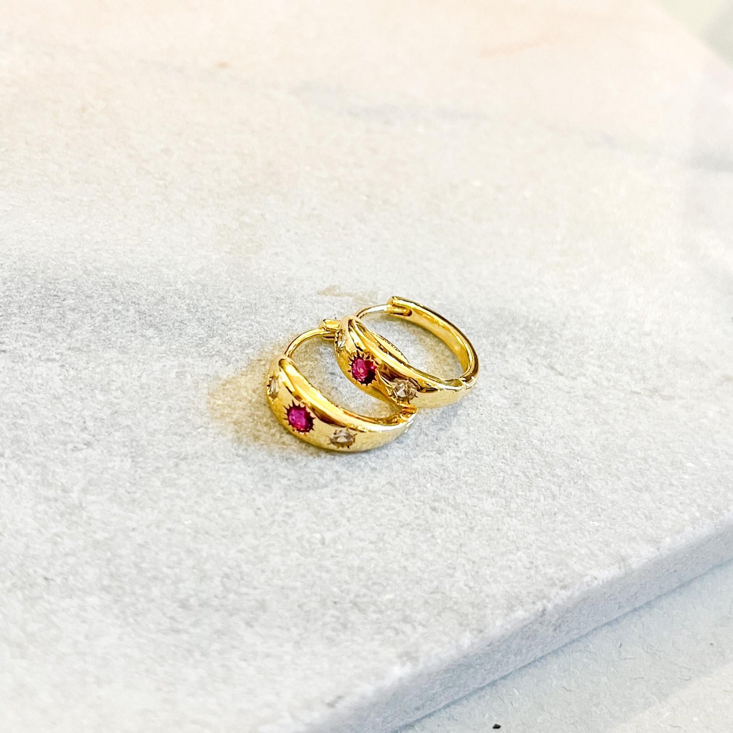 Gold Huggie Hoop Earrings with Ruby CZ Stones, Dainty Starburst Gemstone Hoops, Romantic Stacking Earrings, July Birthstone Gift for Her