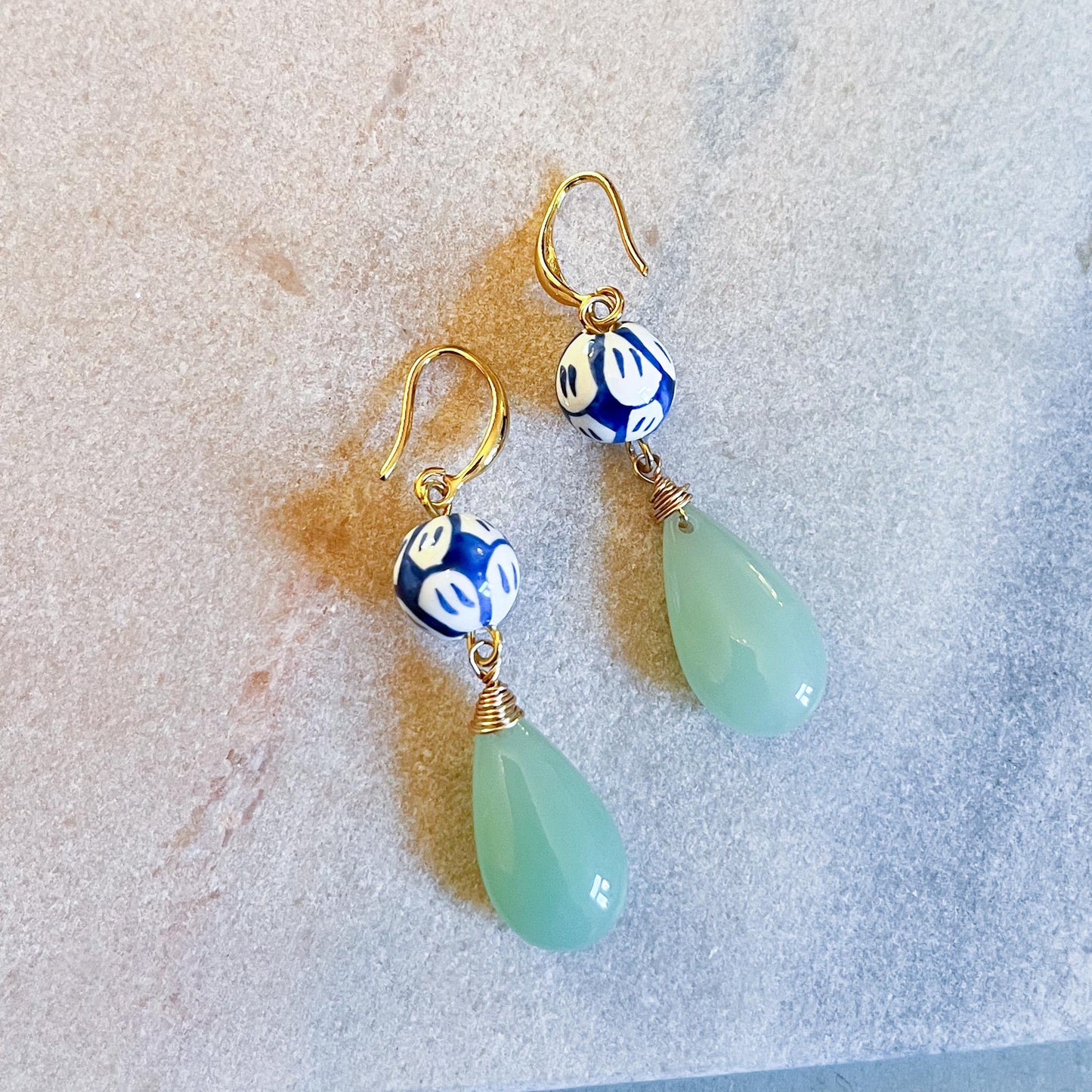 Gold Wire Wrapped Jade Teardrop Earrings, Chinoiserie Porcelain Bead
