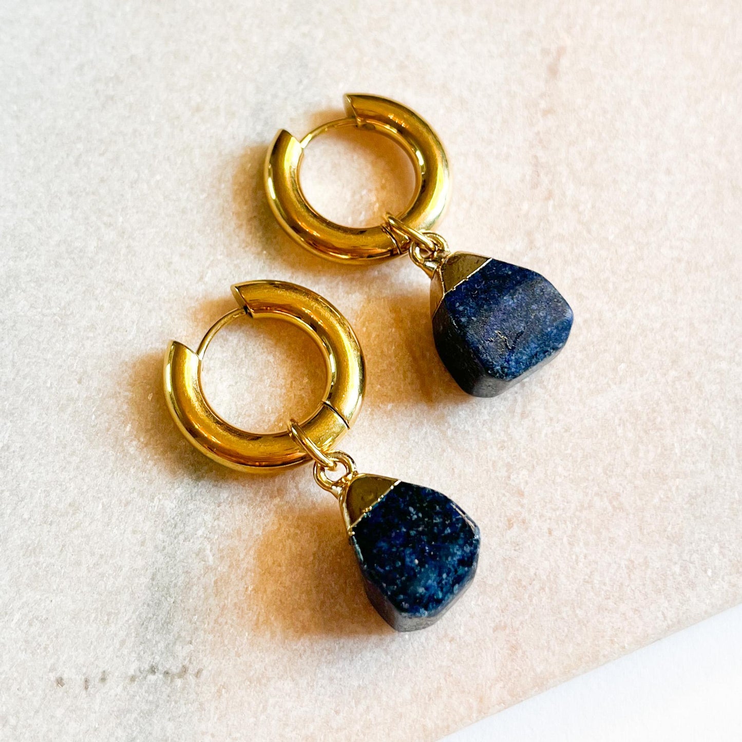 Chunky Navy Blue Stone Drop Hoop Earrings – Gold Huggie Charm Earrings – Minimal Statement Jewellery