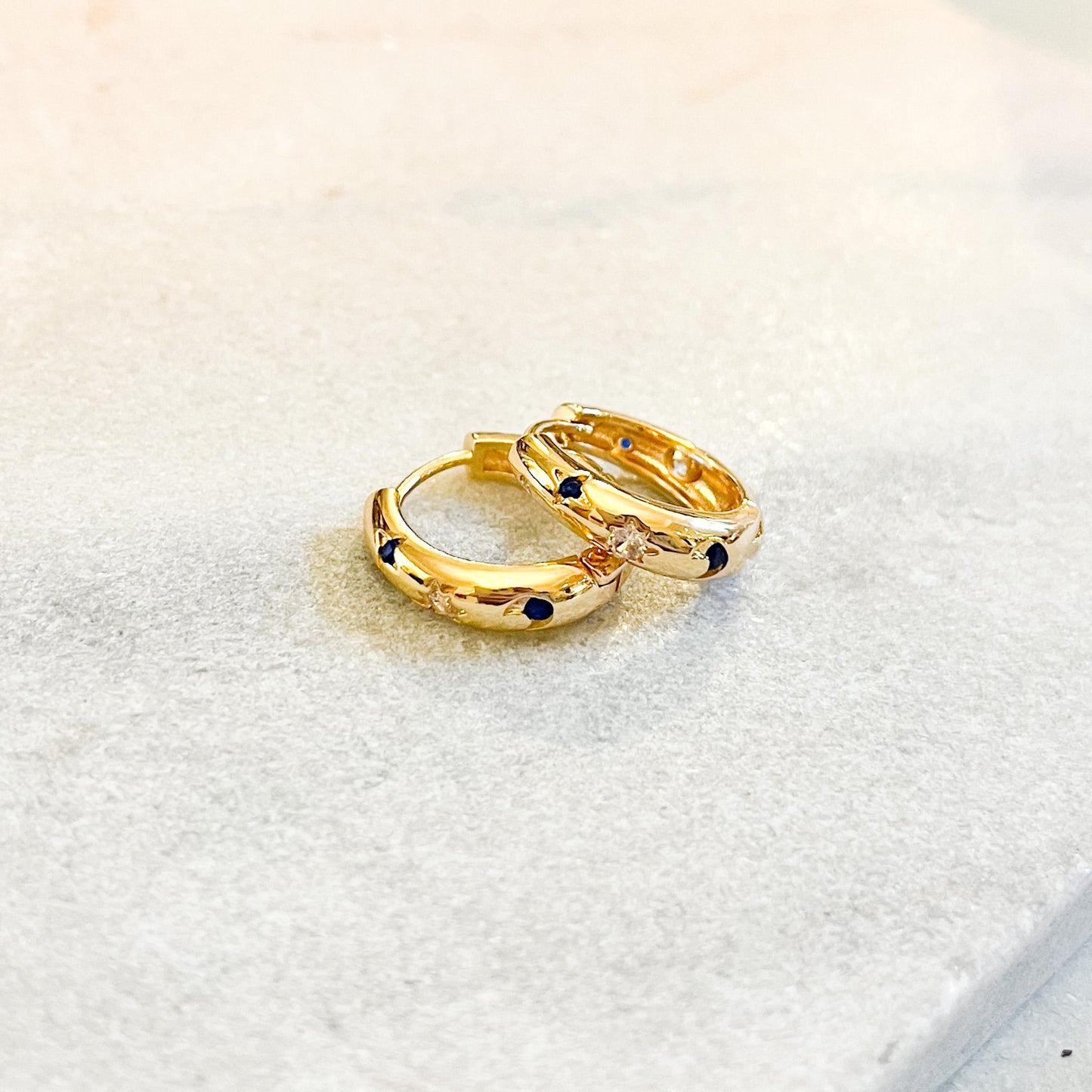 Gold Starry Night Huggie Hoops with Sapphire Blue CZ Stones, Scattered Gem Celestial Hoops, Gift for Her