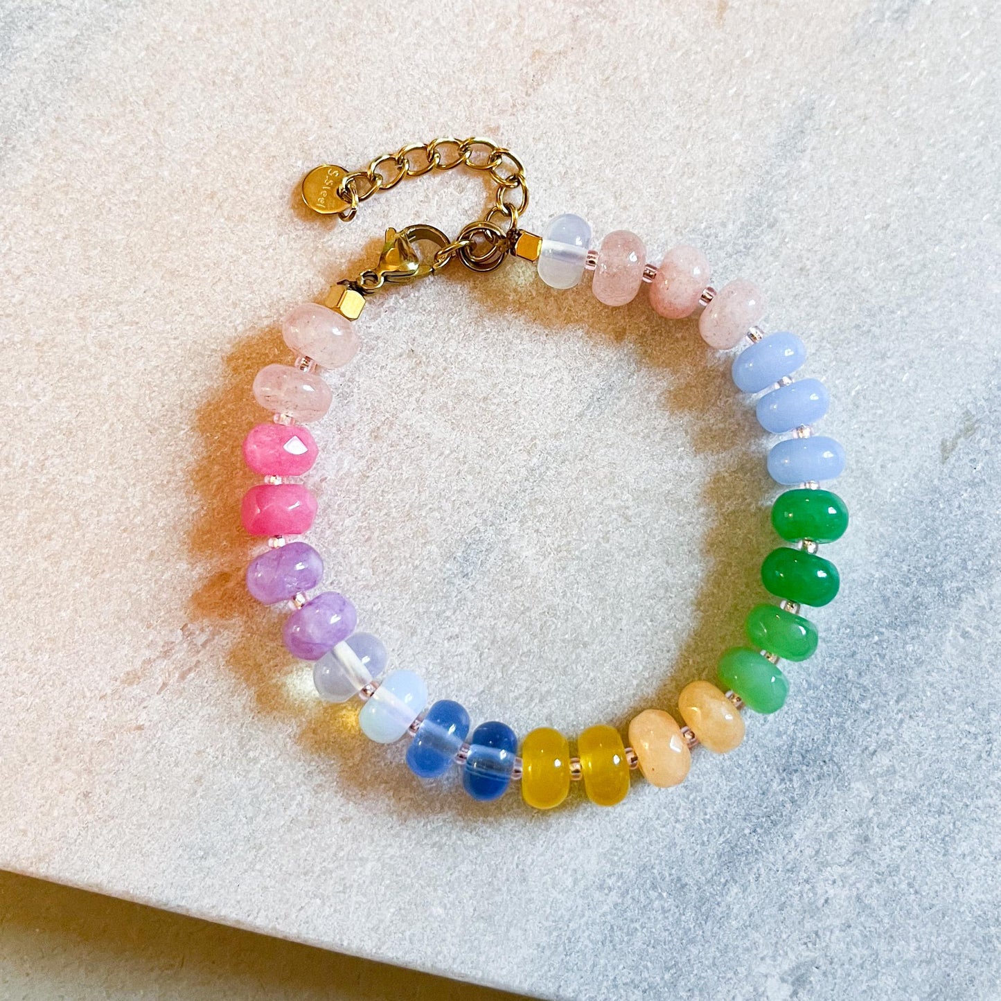 Natural Stone Rainbow Beaded Bracelet | Adjustable Stacking Jewelry | Colourful Semi-Precious Gemstone Gift