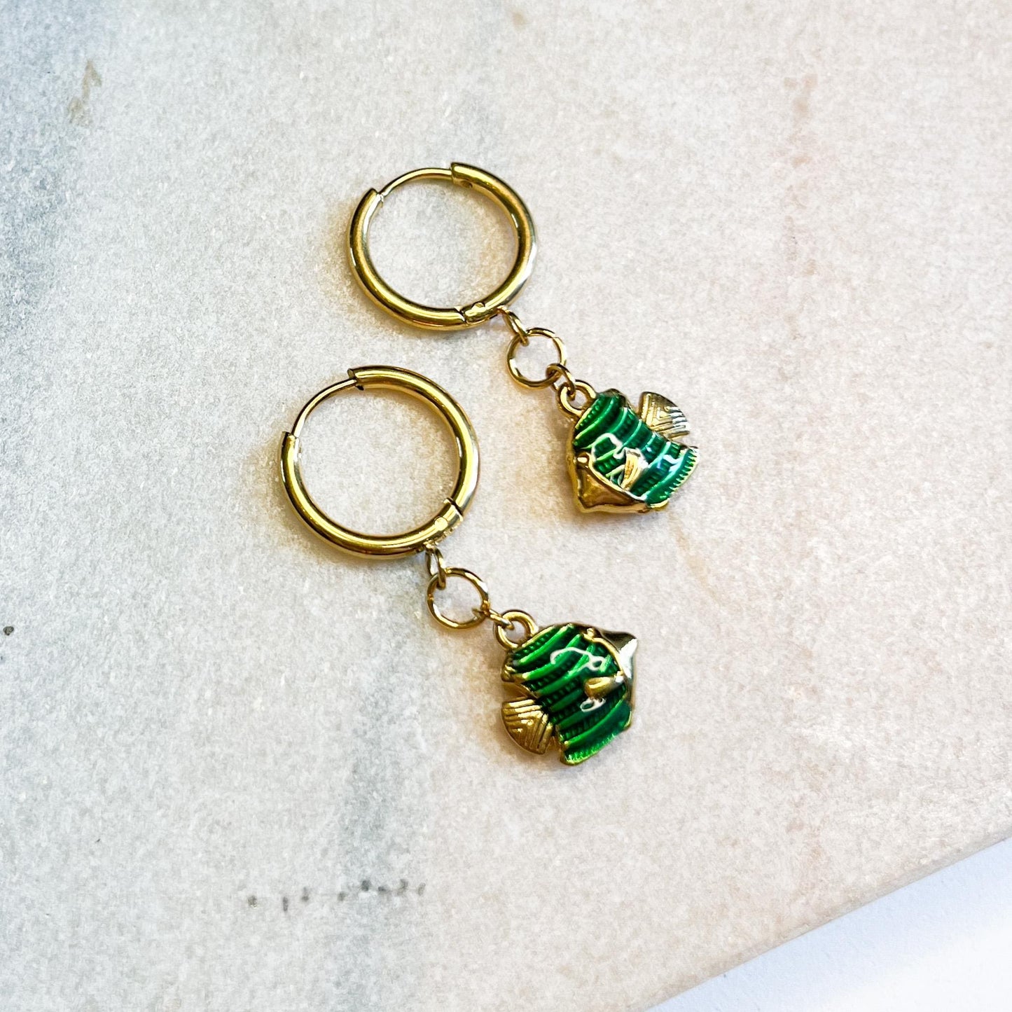 Green Fish Charm Huggie Earrings, Gold Fish Drop Hoops, Cute Ocean Jewellery, Summer Earrings, Gift for Her