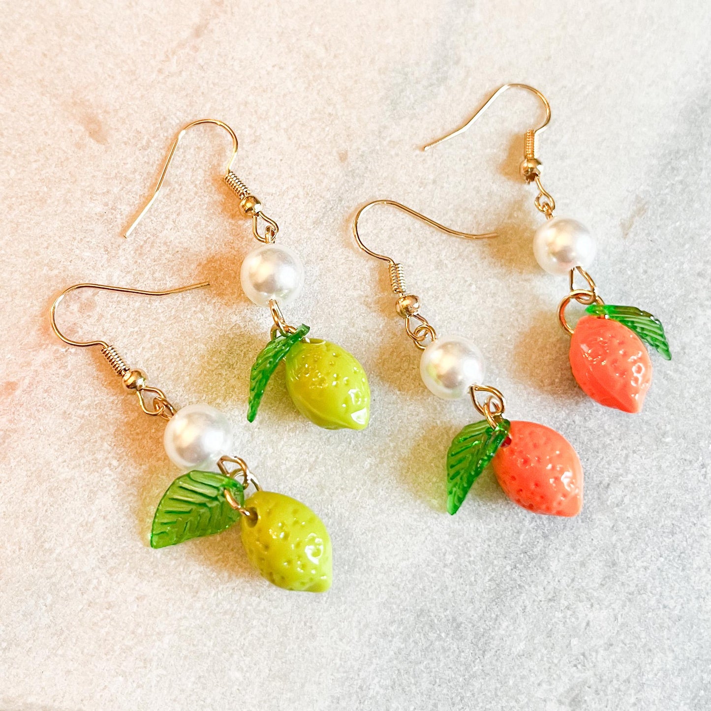 Lemon or Lime Pearl Drop Earrings, Fruit Charm Earrings, Cute Summer Jewellery, Gift For Her, Handmade Fruit Earrings