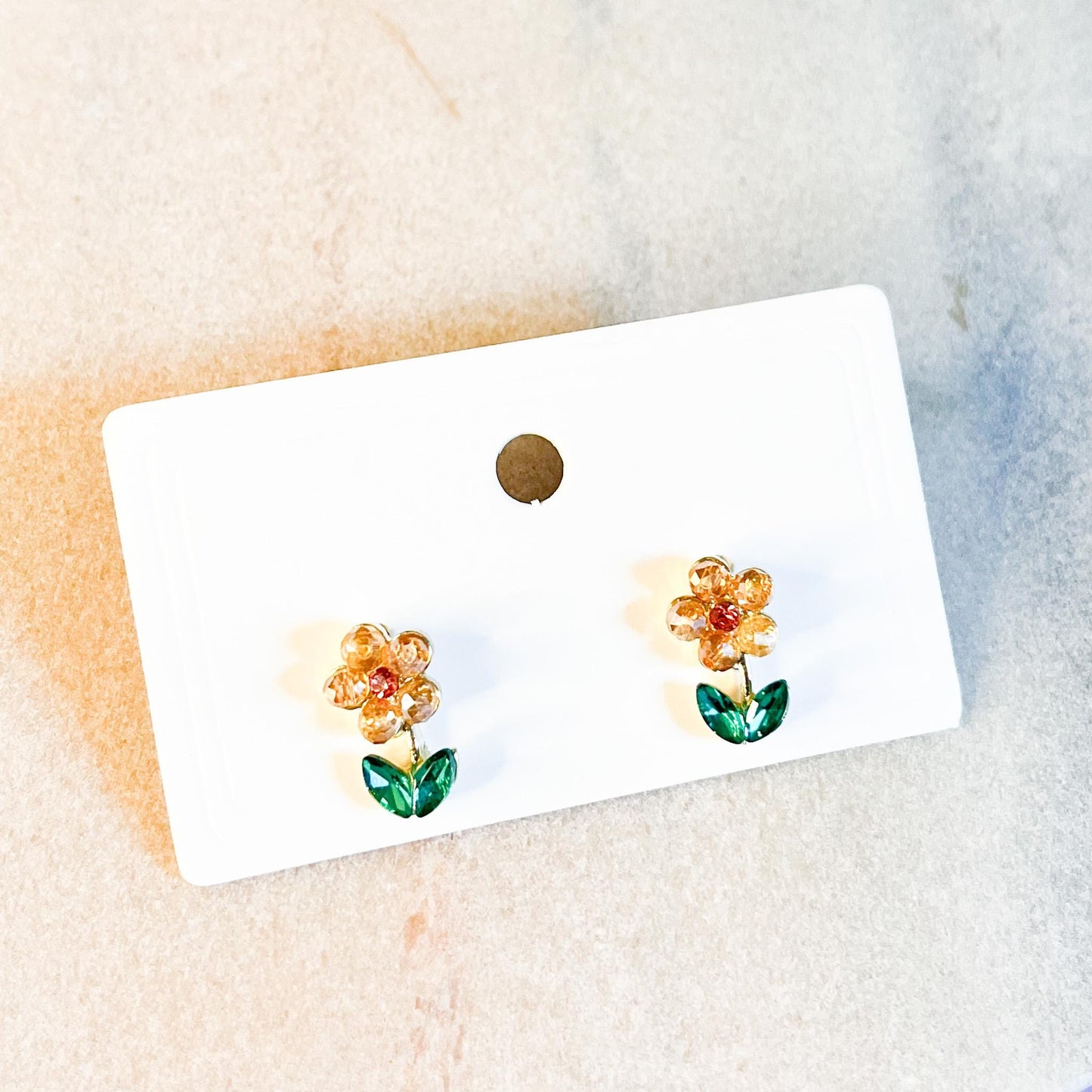 Dainty Flower Stud Earrings | Orange Crystal Daisy and Green Leaf Studs | Spring Gardener Gift