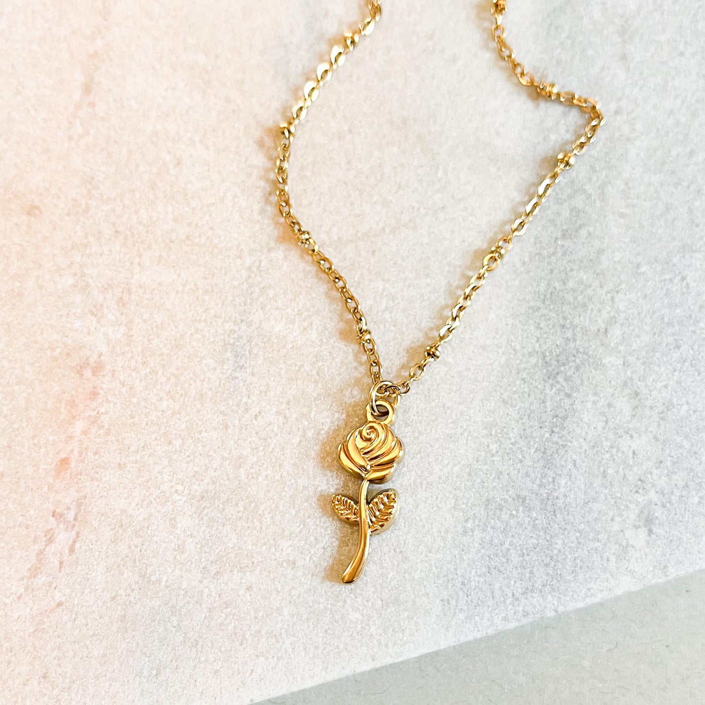 Single Stem Rose Necklace Gold Flower Pendant Dainty Botanical Jewelry, Minimalist Gift