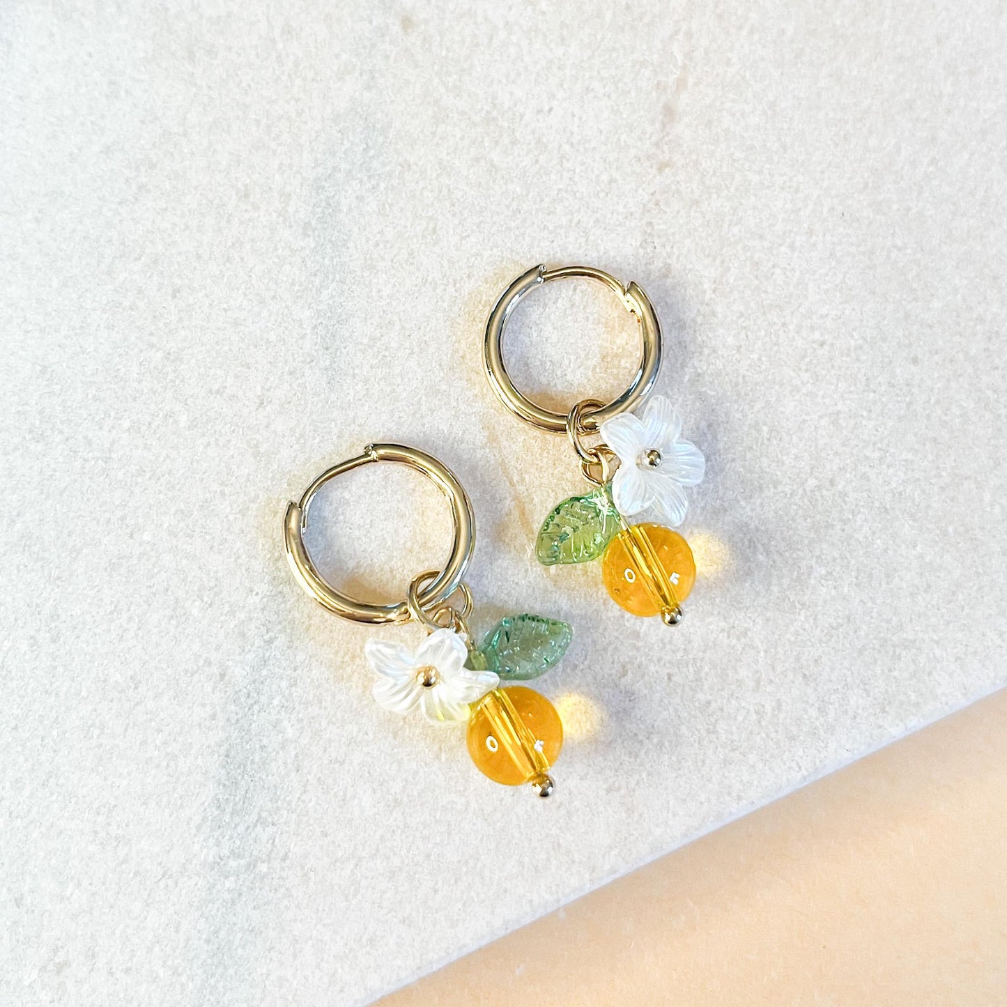 Gold Bee Huggie Hoop Earrings | Orange Bead, Flower Charm