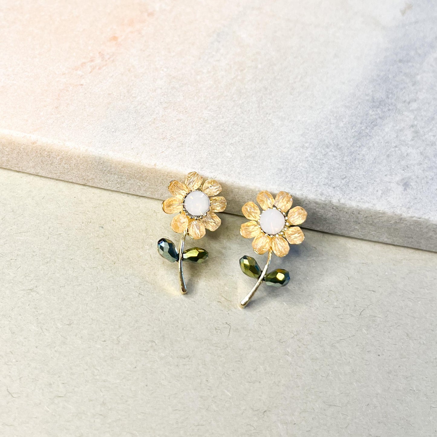 Crystal Sunflower Stud Earrings | Dainty Gold Daisy with Stem and Leaf | Botanical Spring Jewelry