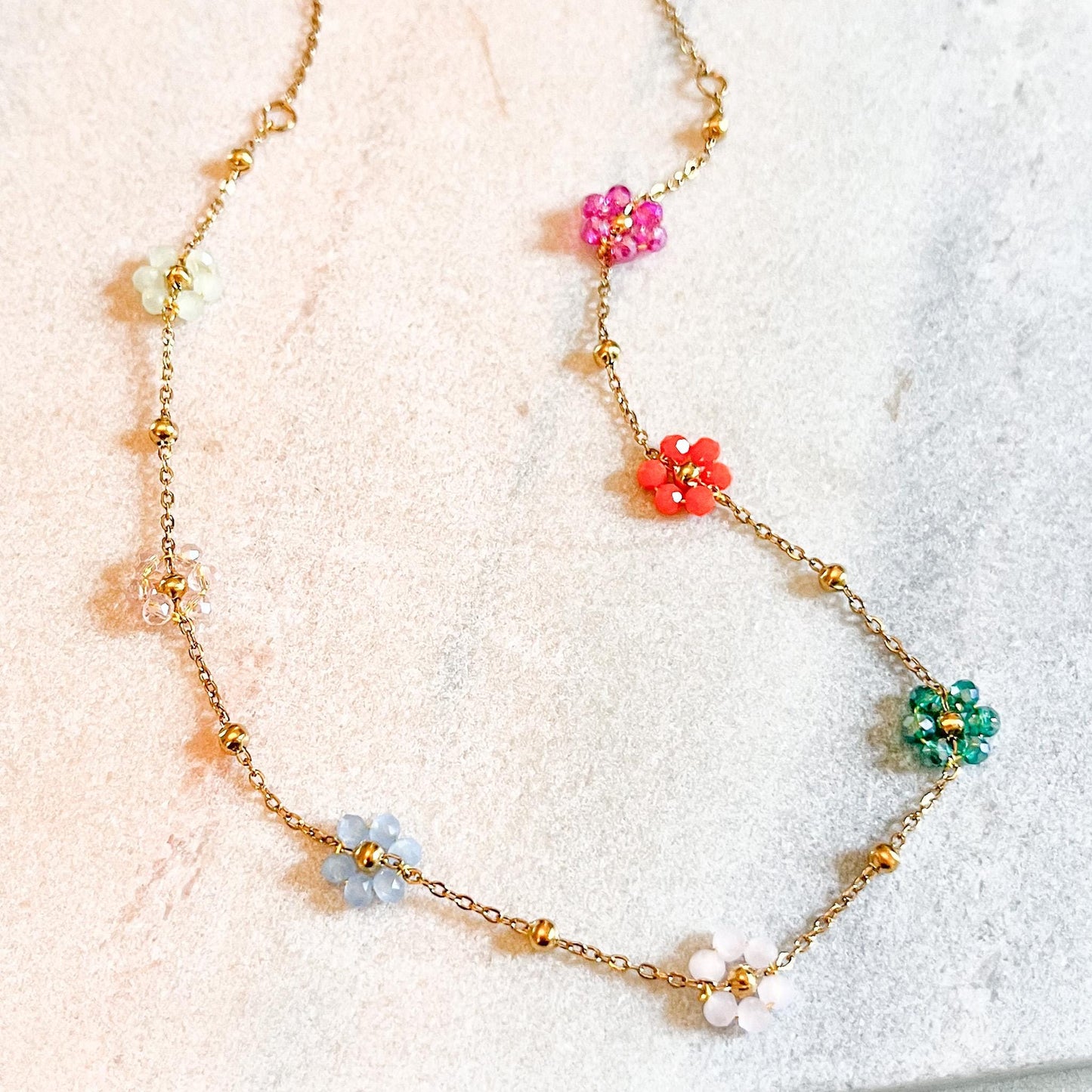 Rainbow Crystal Flower Daisy Chain Necklace, Dainty Gift for Her