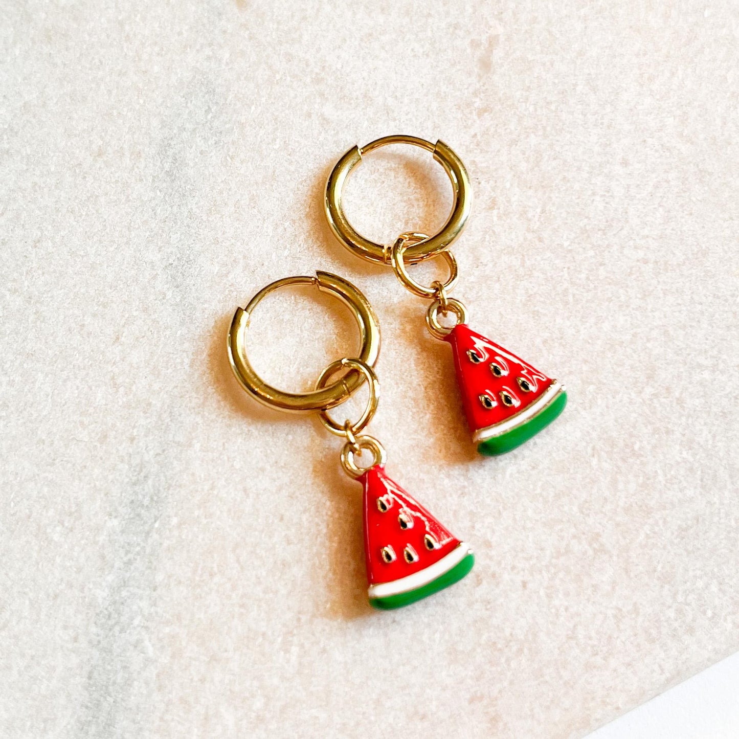 Watermelon Hoop Earrings, Cute Fruit Huggie Earrings, Summer Jewellery Gift, Gold Plated Charm Hoops