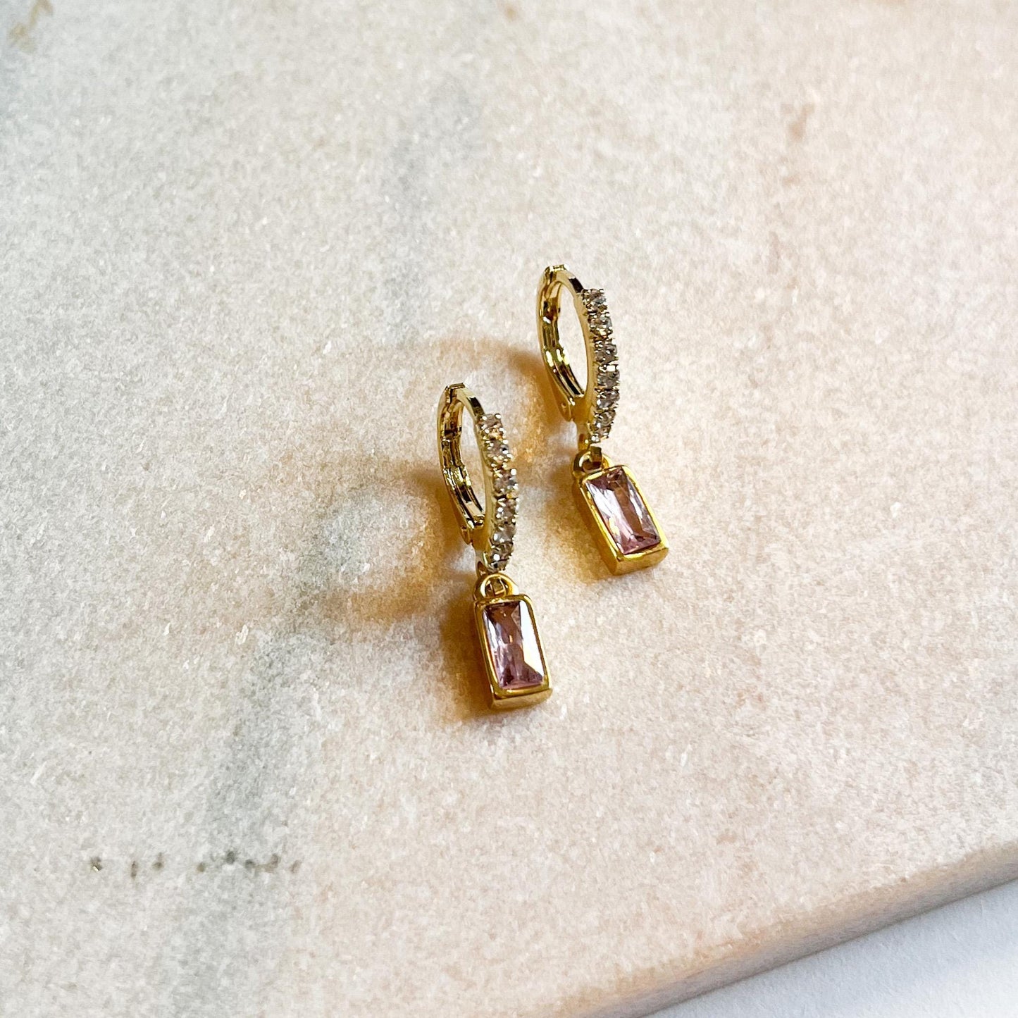 Gold Pink Crystal Huggie Earrings, Baguette Drop Hoop Earrings, Dainty Sparkly Gold Hoops, Minimal Jewellery Gift for Her
