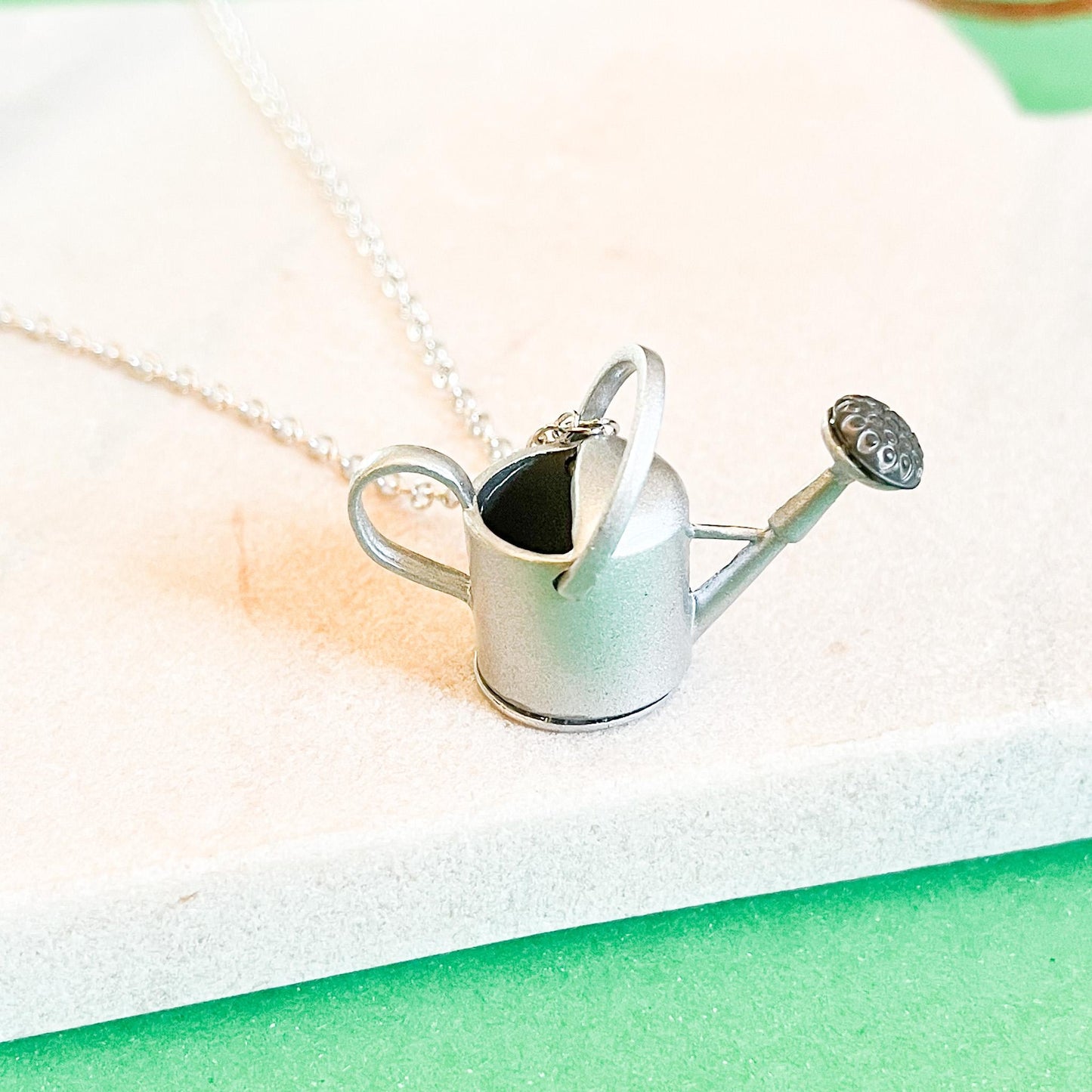 Watering Can Charm Necklace Miniature Gardener Gift, Silver Tone Plant Lover Jewelry, Garden Accessory