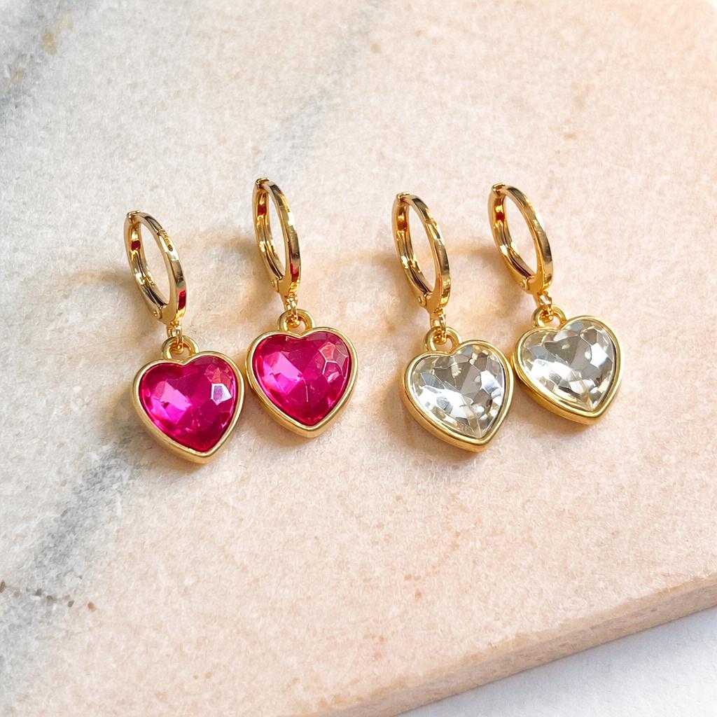 Gold Heart Drop Earrings, Pink or Clear Crystal Heart Hoops, Romantic Gift for Her, Valentine’s Jewellery, Cute Dainty Earrings