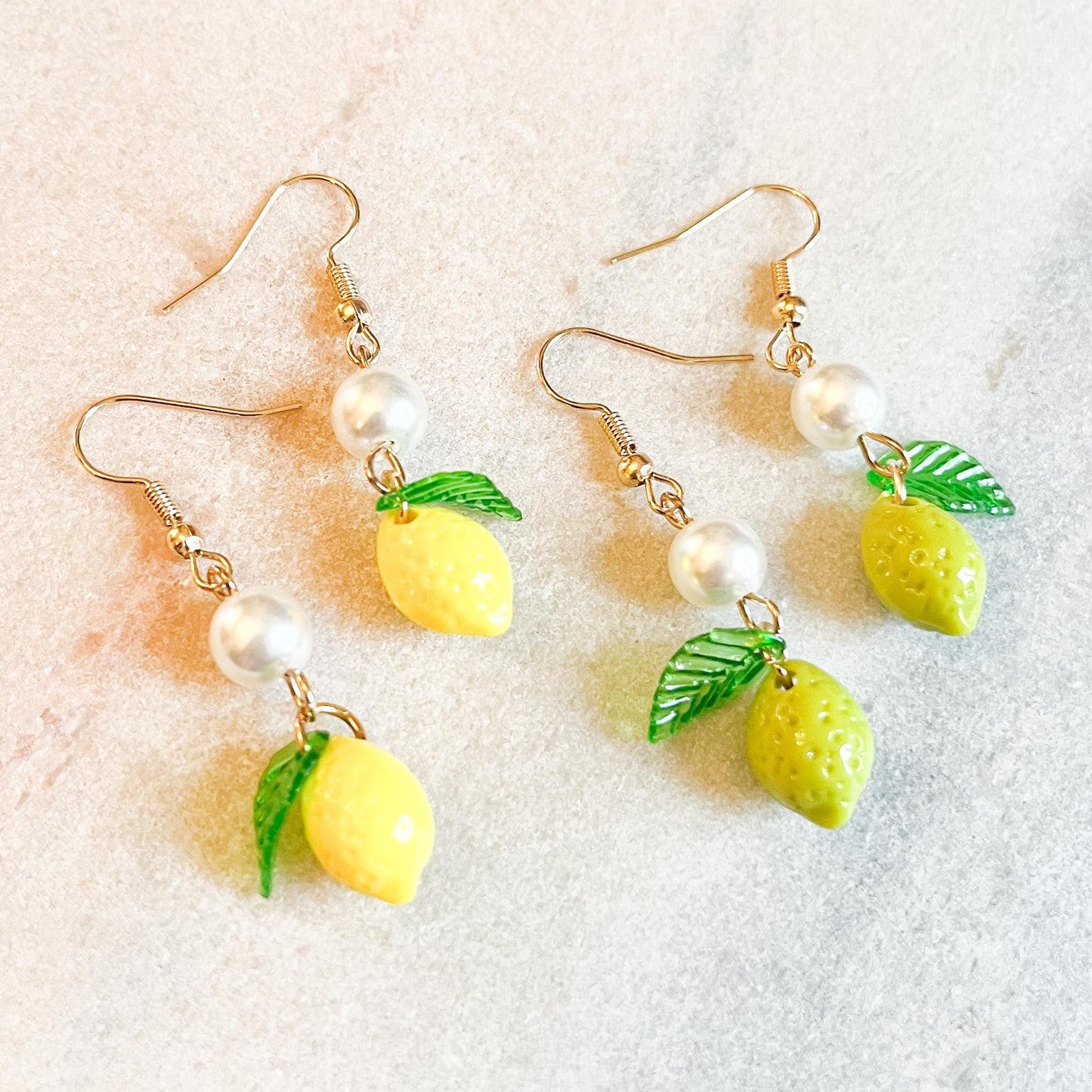 Lemon or Lime Pearl Drop Earrings, Fruit Charm Earrings, Cute Summer Jewellery, Gift For Her, Handmade Fruit Earrings