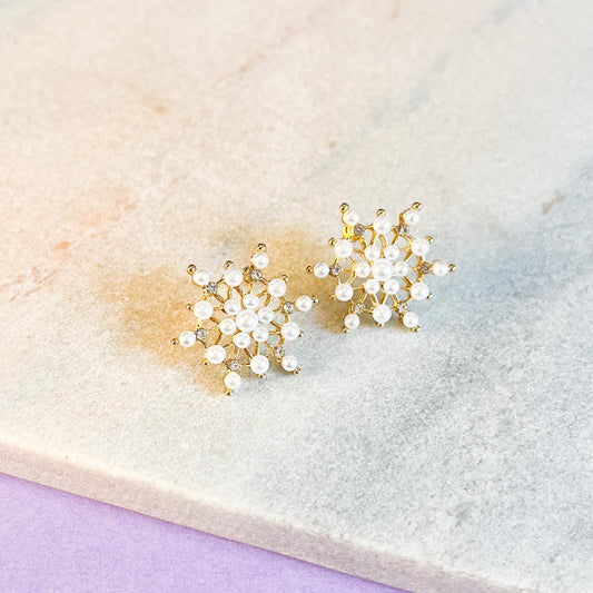 Pearl Snowflake Stud Earrings | Dainty Crystal Starburst Gold Studs | Winter Wedding Jewelry Gif