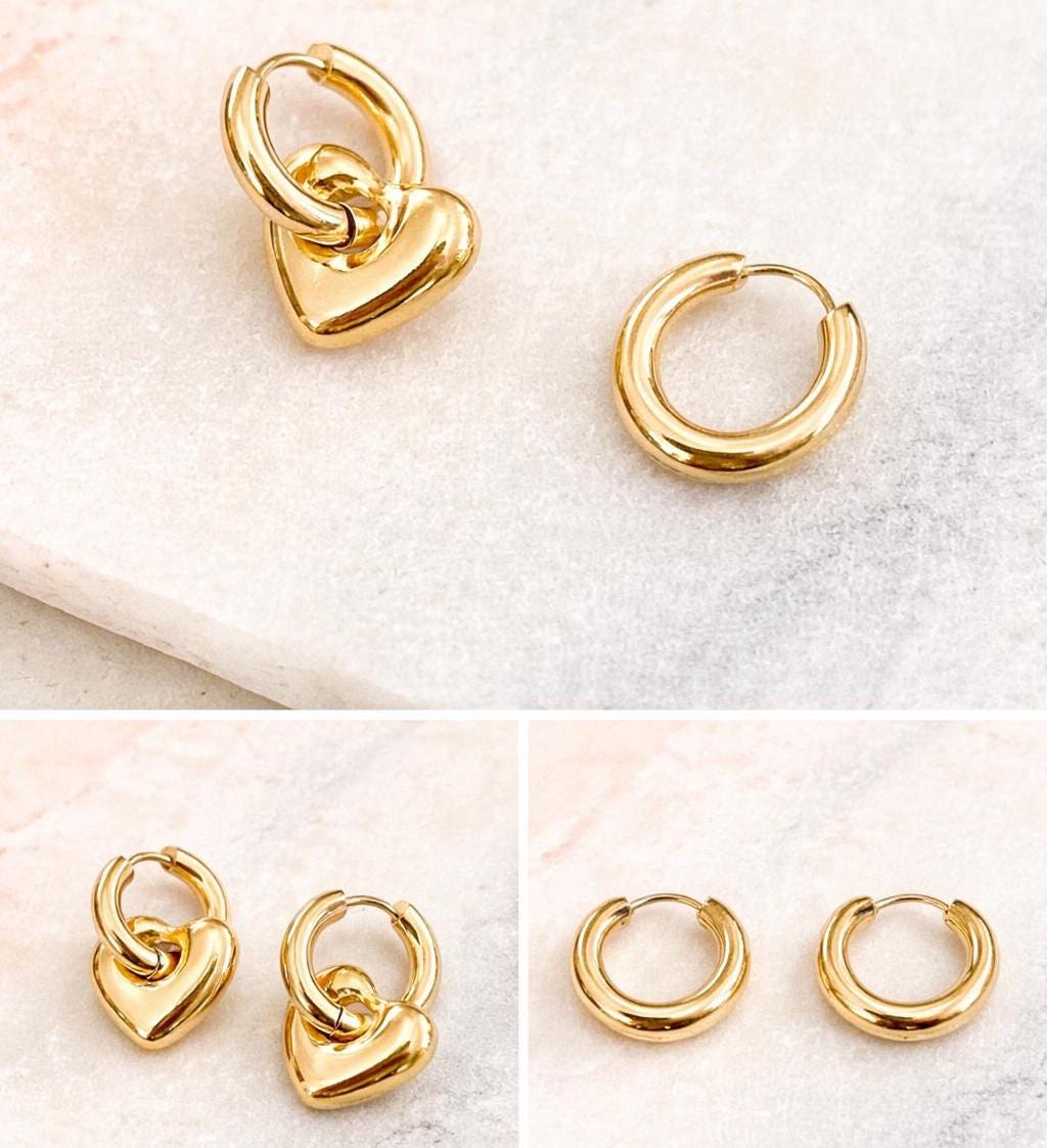 Removable Puffy Heart Huggie Hoop Earrings – Gold or Silver, 2-in-1 Minimalist Hoops