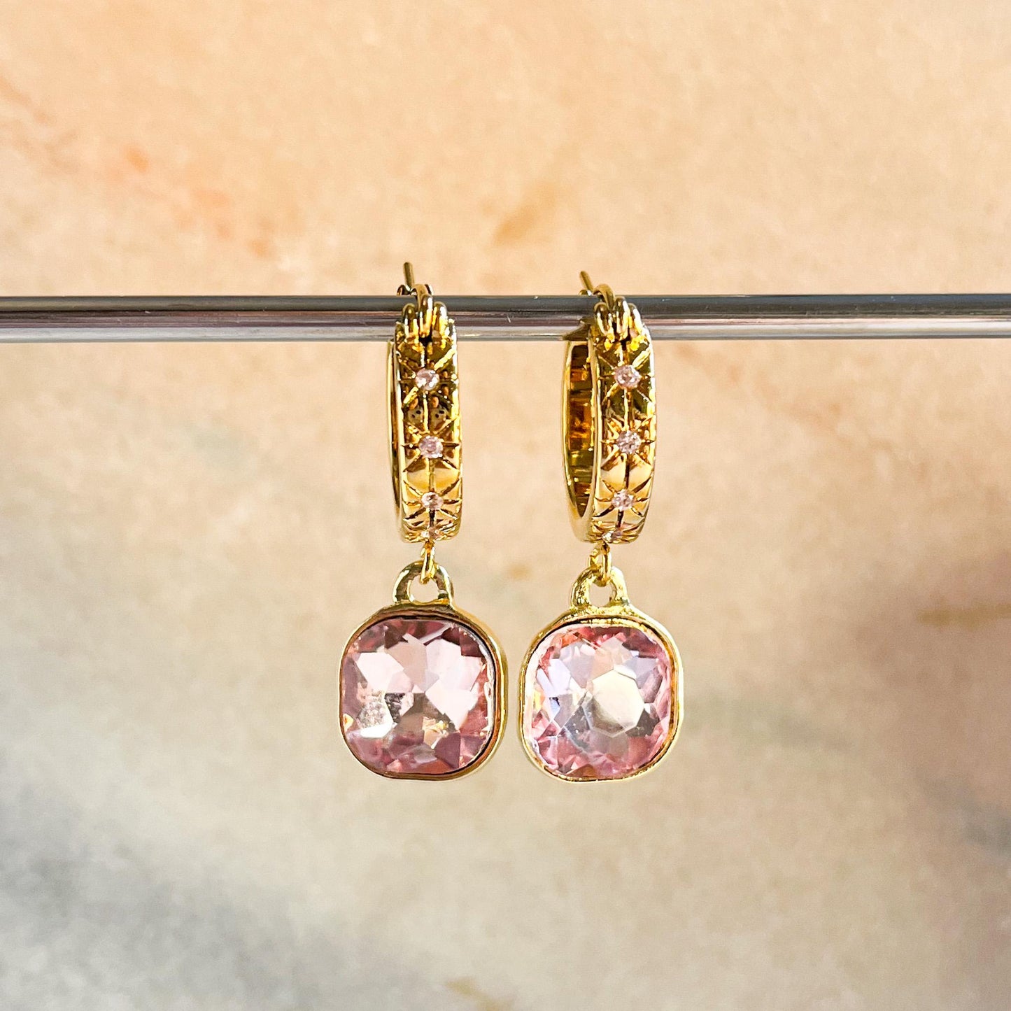 Blush Pink Crystal Drop Earrings – Gold Engraved Huggie Hoops – Cushion Cut Statement Earrings – Romantic Gift for Her – Elegant Jewellery