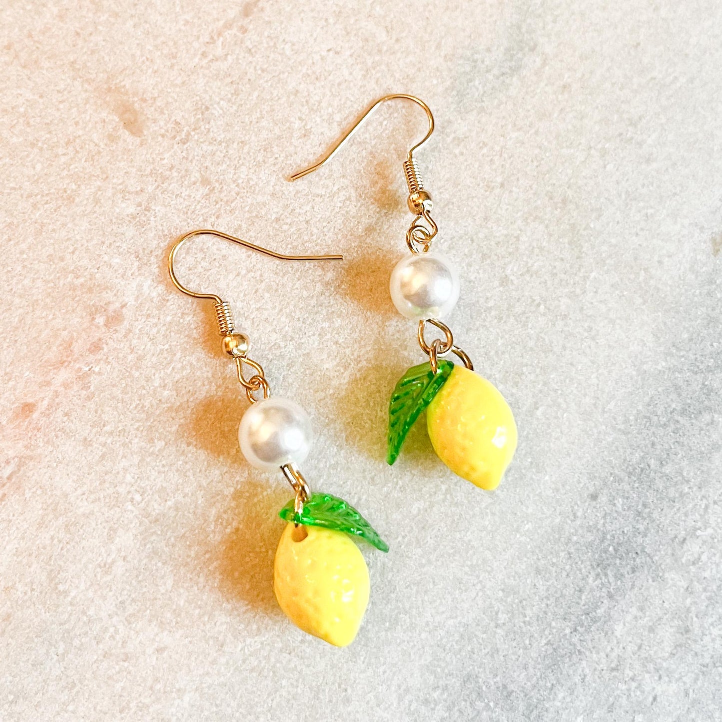 Lemon or Lime Pearl Drop Earrings, Fruit Charm Earrings, Cute Summer Jewellery, Gift For Her, Handmade Fruit Earrings