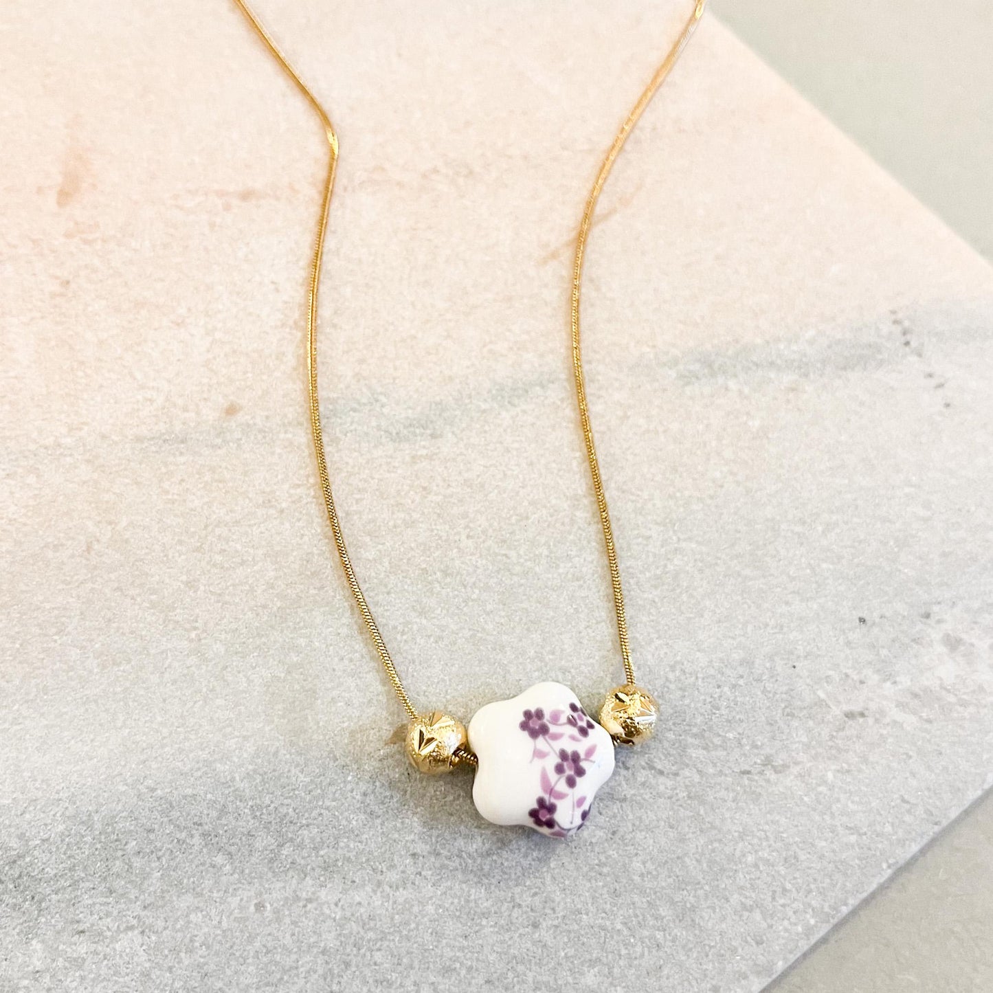 Dainty Purple Floral Ceramic Flower Necklace • Gold Botanical Jewelry for Her • Minimalist Spring Flower Gift • Delicate Handcrafted Pendant