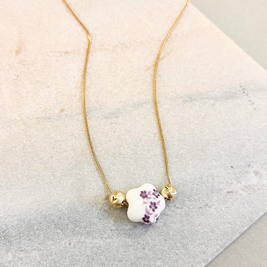 Dainty Purple Floral Ceramic Flower Necklace • Gold Botanical Jewelry for Her • Minimalist Spring Flower Gift • Delicate Handcrafted Pendant