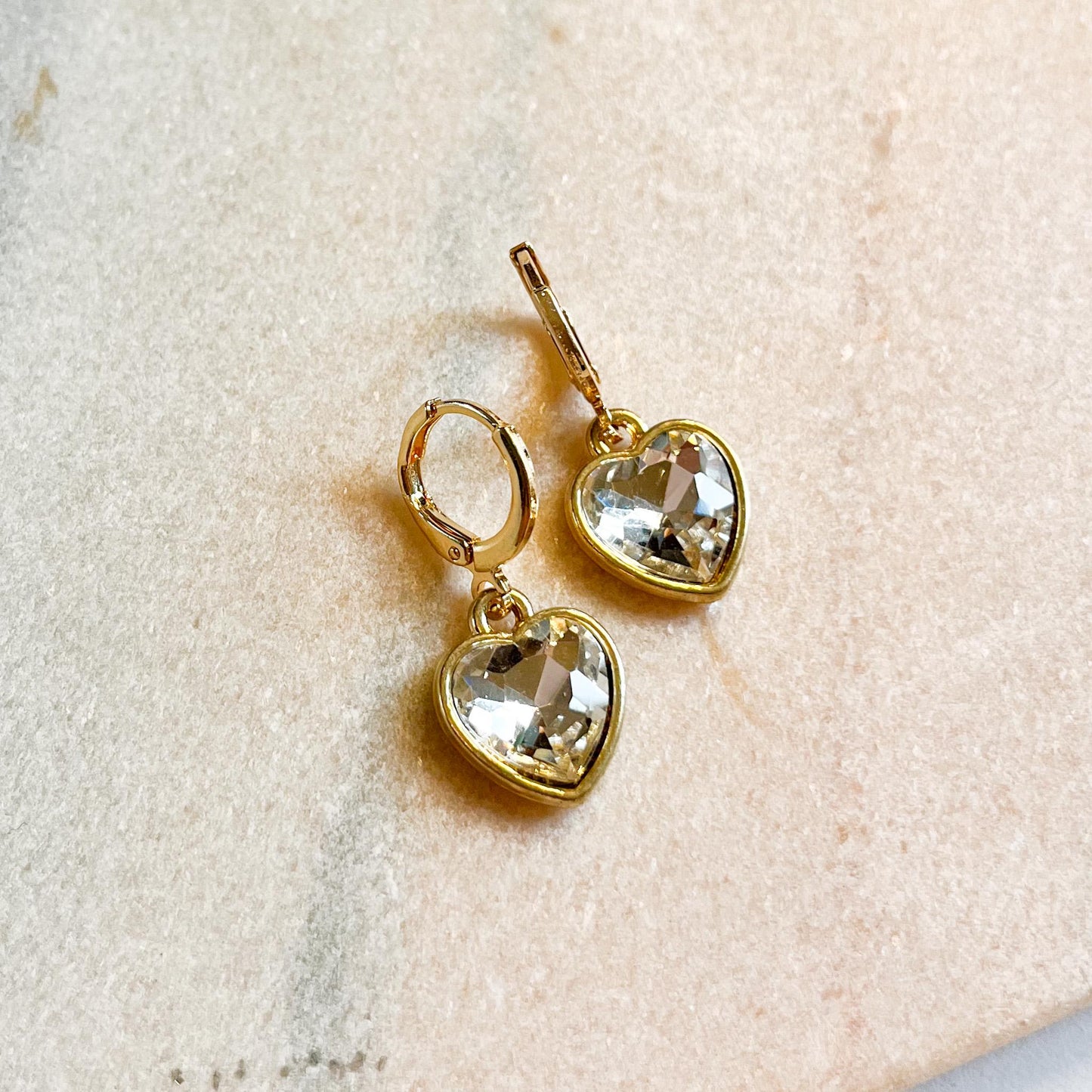 Gold Heart Drop Earrings, Pink or Clear Crystal Heart Hoops, Romantic Gift for Her, Valentine’s Jewellery, Cute Dainty Earrings