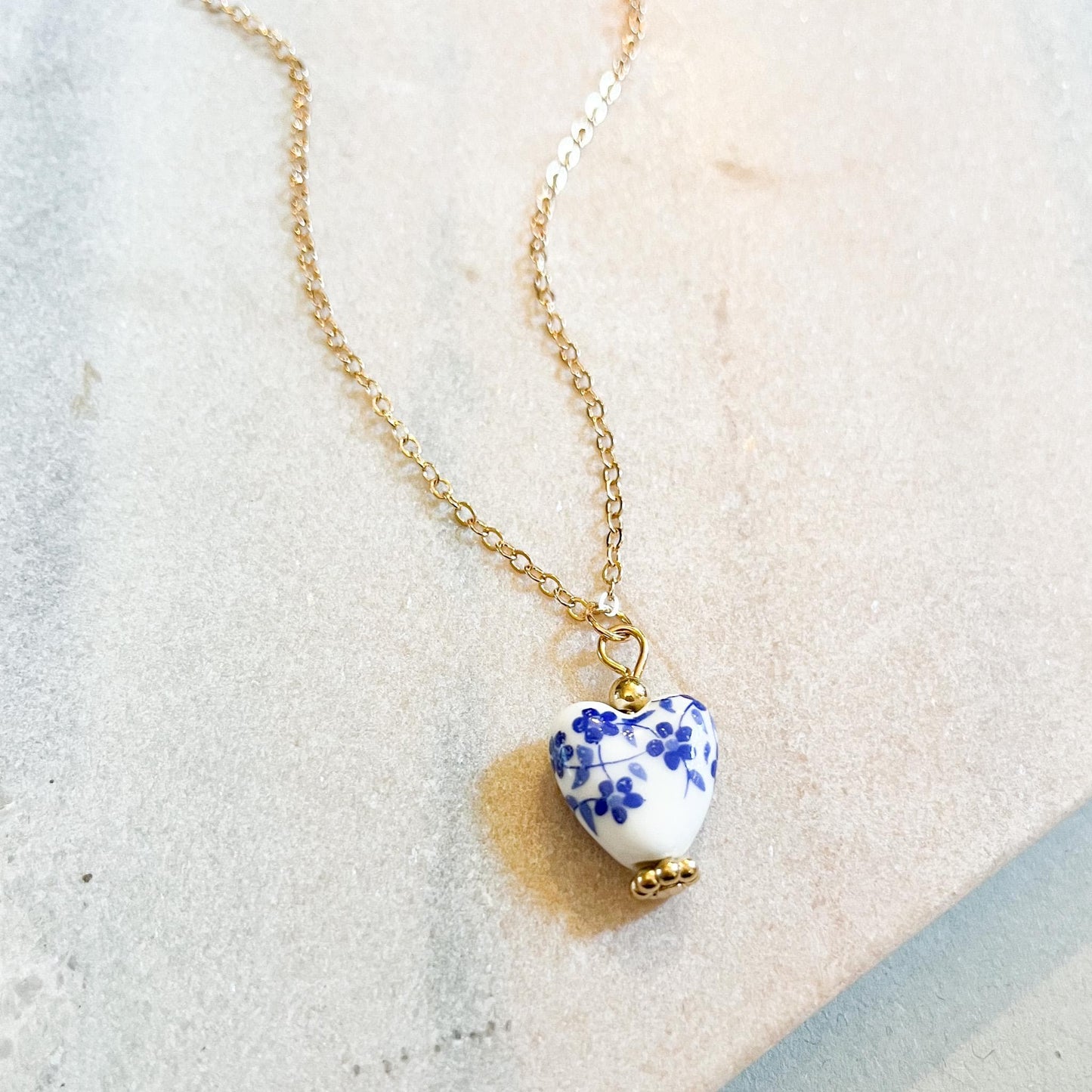Dainty Blue & White Porcelain Heart Necklace • Ceramic Chinoiserie Heart Pendant •  Gold Dainty Chain •