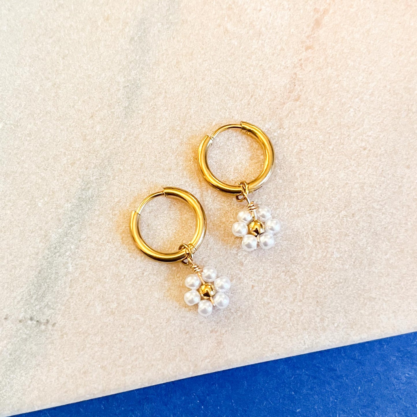 Beaded Flower Daisy Charm Hoop Earrings | Stainless Steel Huggie Hoops | Gift for Her