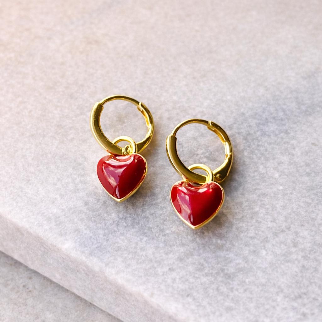 Enamel Heart Charm Huggie Hoops | Red or White Dainty Gold Love Hoops