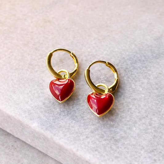 Enamel Heart Charm Huggie Hoops | Red or White Dainty Gold Love Hoops