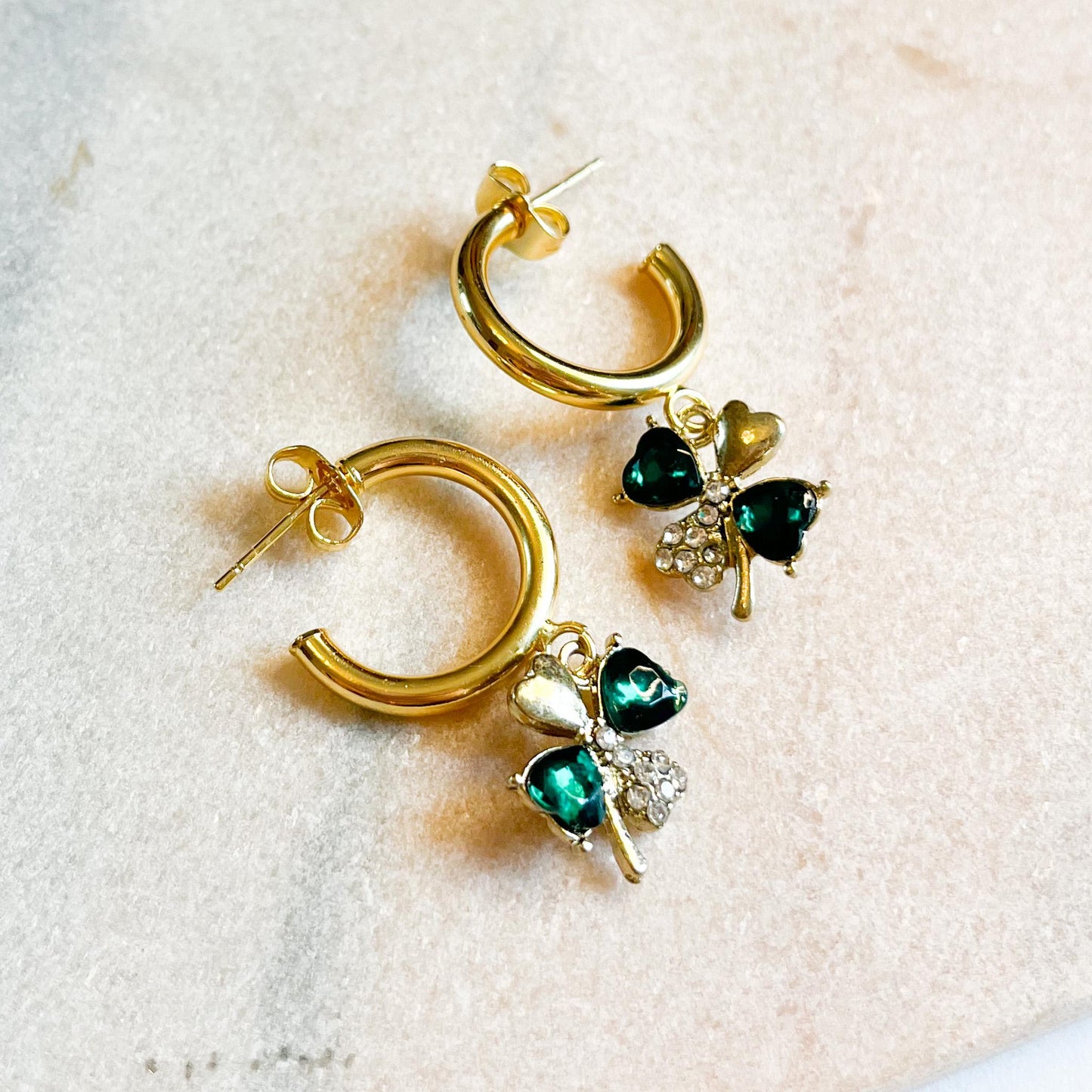 Lucky Clover Hoop Earrings – Green Crystal Shamrock Drops – Gold Huggie Earrings – St Patrick’s Day Jewellery – Good Luck Gift for Her