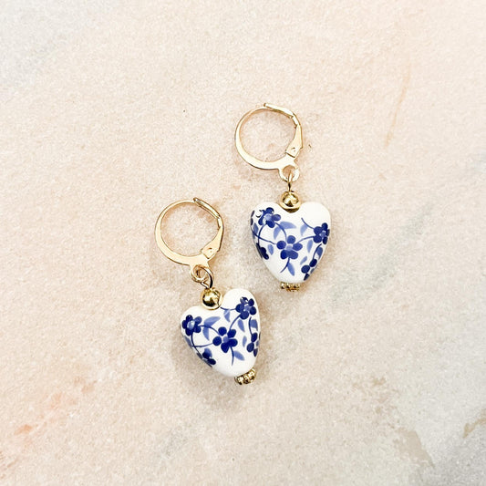 Blue and White Floral Heart Drop Earrings, Porcelain Delft Style Jewelry, Gold Huggie Hoops