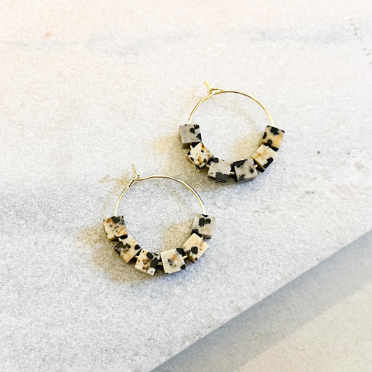 Dalmation Jasper Cube Hoop Earrings, Natural Speckled Stone Gold Hoops