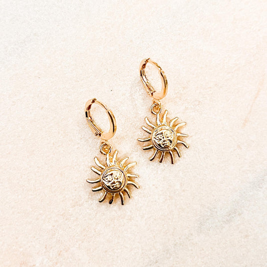 Sun Dangle Huggie Hoop Earrings, Minimalist Celestial Jewelry, Summer Vacation Gift, Non-Tarnish Gold Hoops